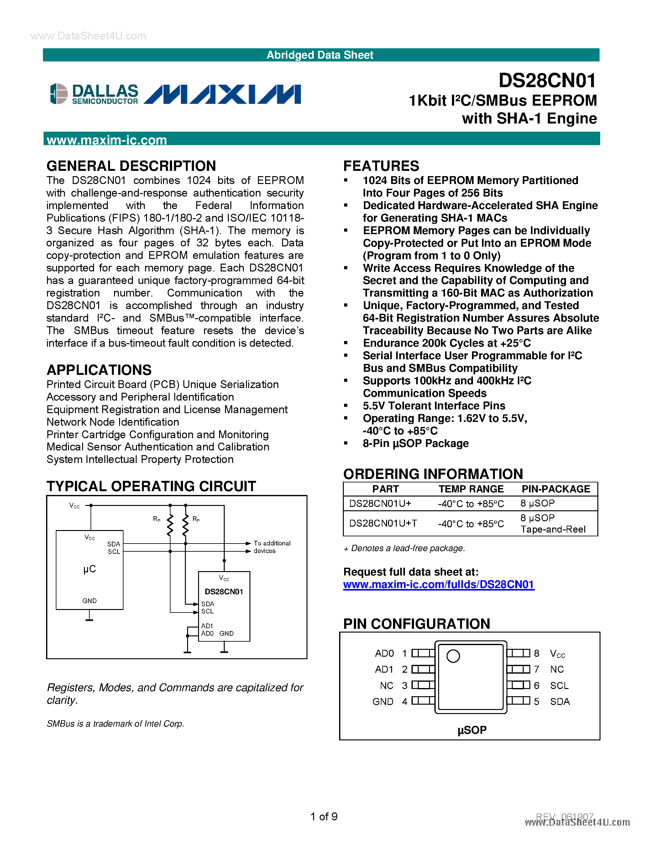 Datasheet DS28CN01 - 1Kbit I2C/SMBus EEPROM page 1