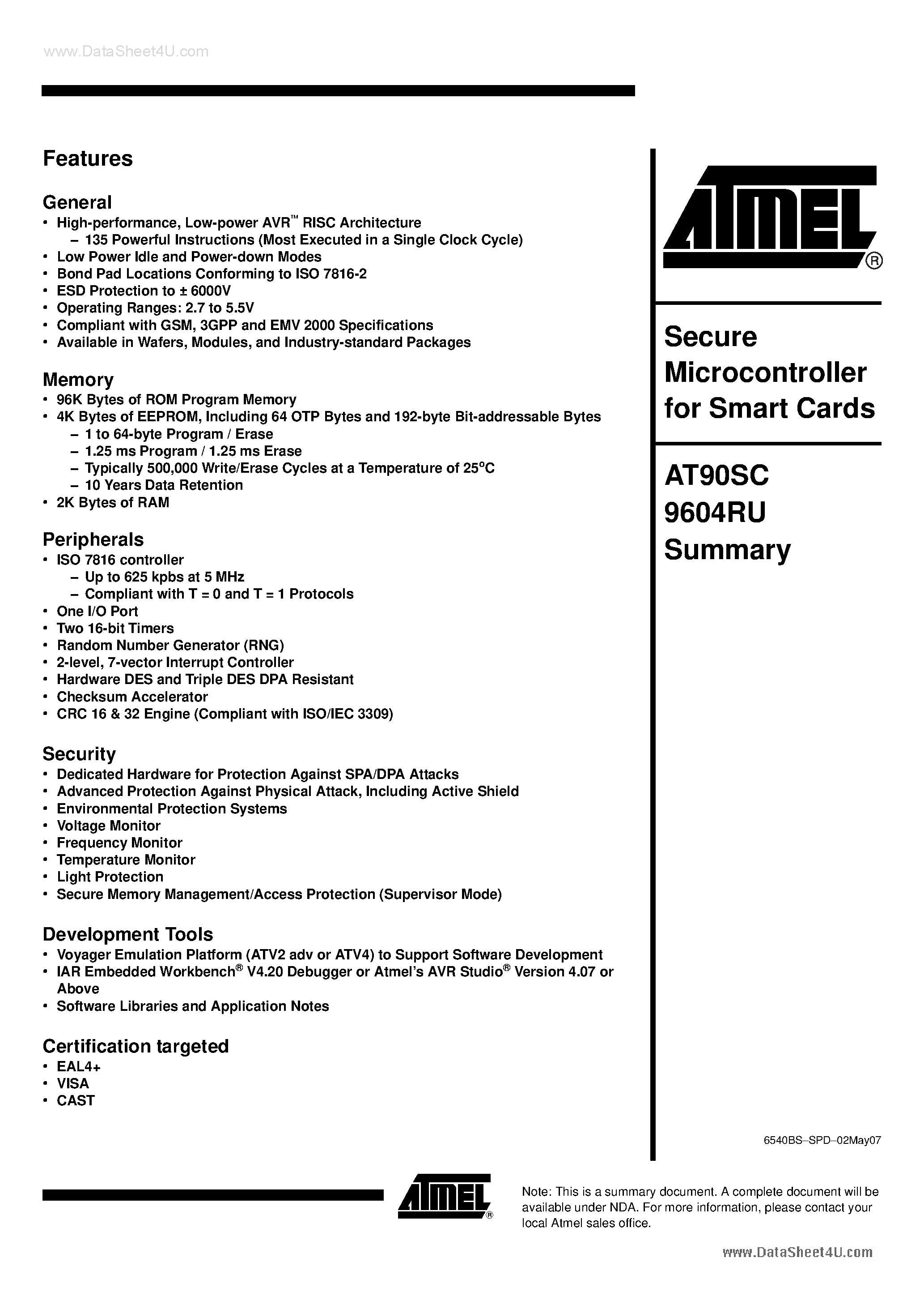 Даташит AT90SC9604RU - Secure Microcontrollers 8-/16-bit RISC CPU страница 1