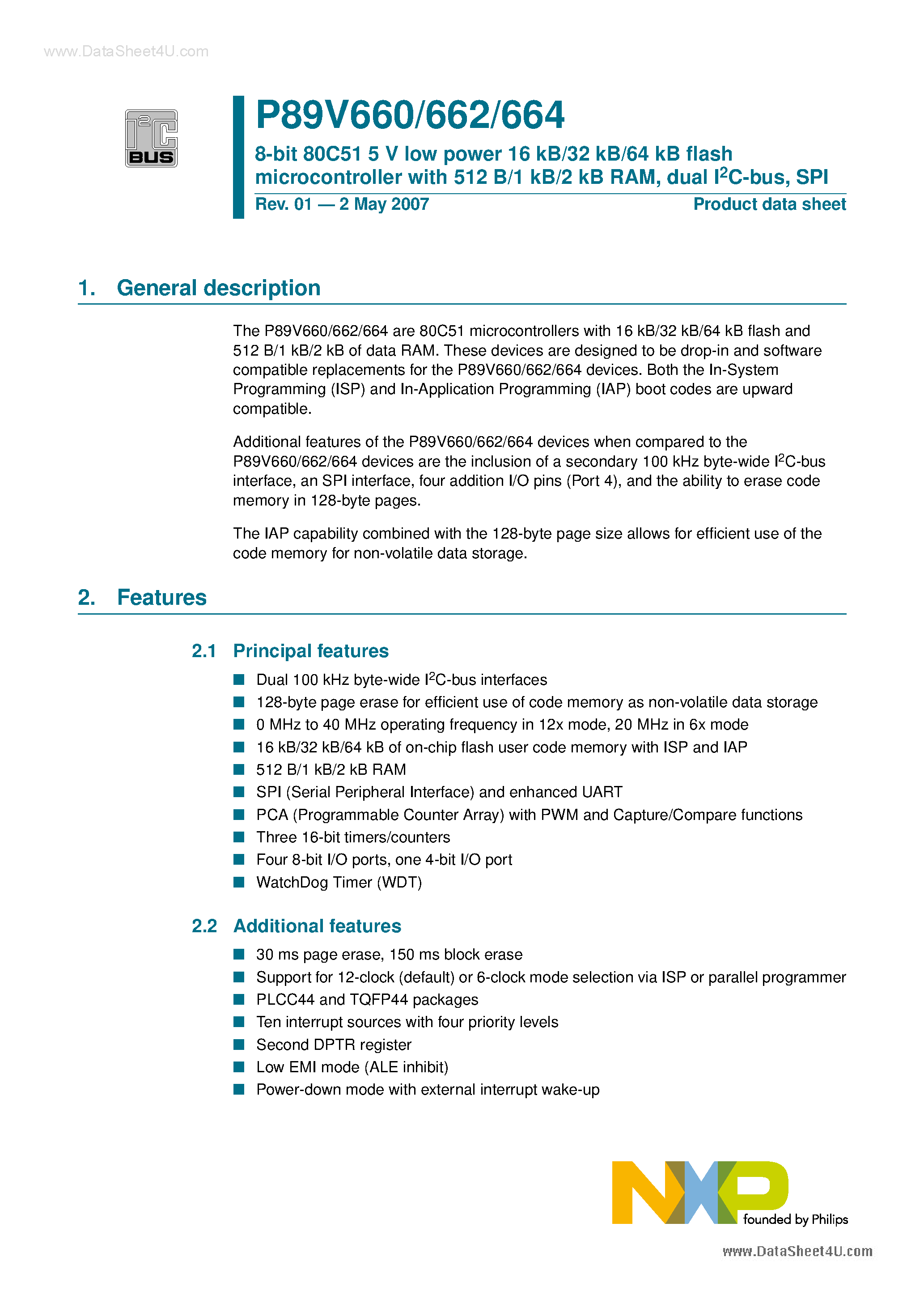 Даташит P89V660 - (P89V660 - P89V664) 8-bit 80C51 5 V low power 16 kB/32 kB/64 kB flash microcontroller страница 1