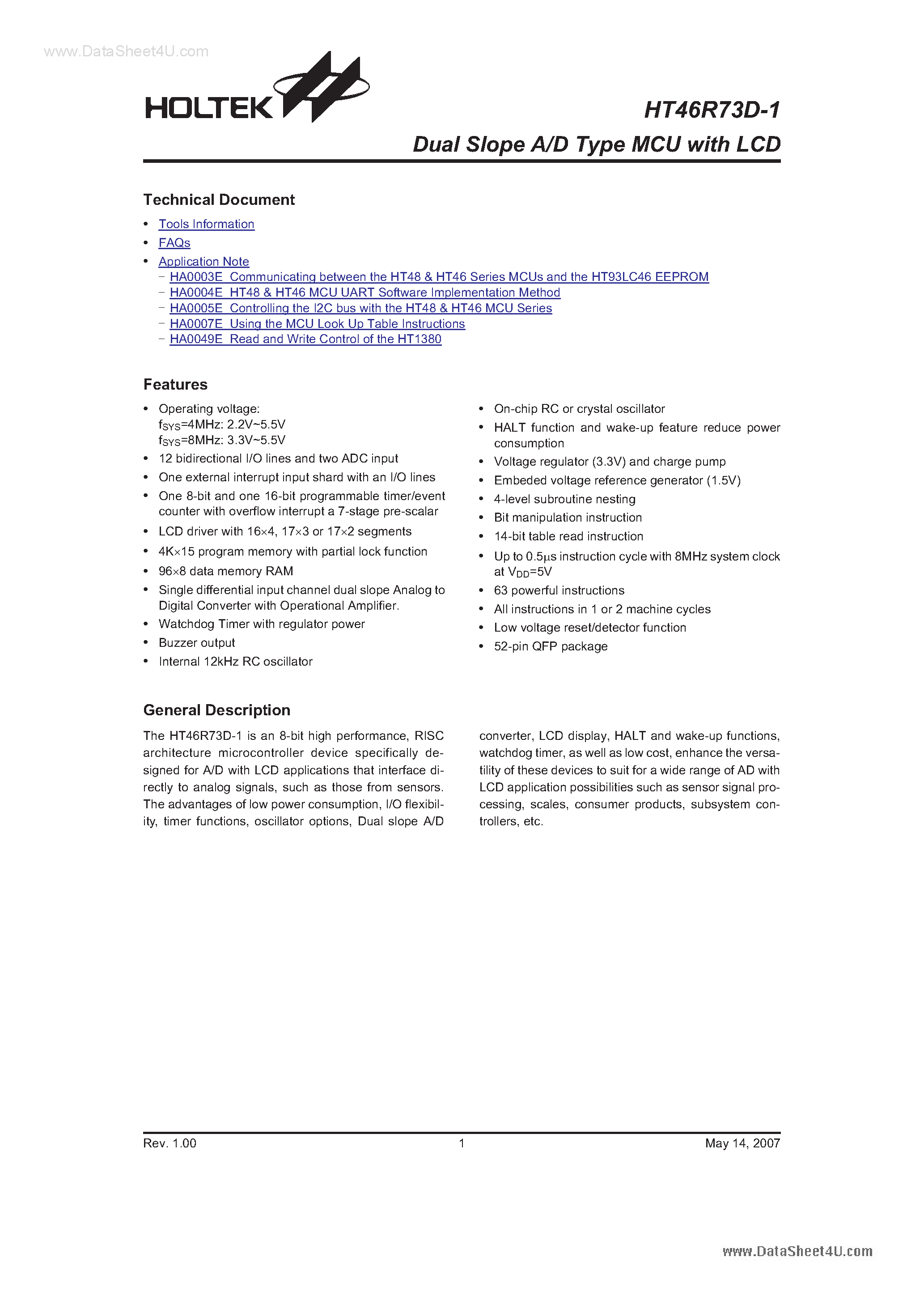 Даташит на микросхему HT46R73D-1 страница 1 Даташит HT46R73D-1 - Dual Slope A/D Type MCU страница 1