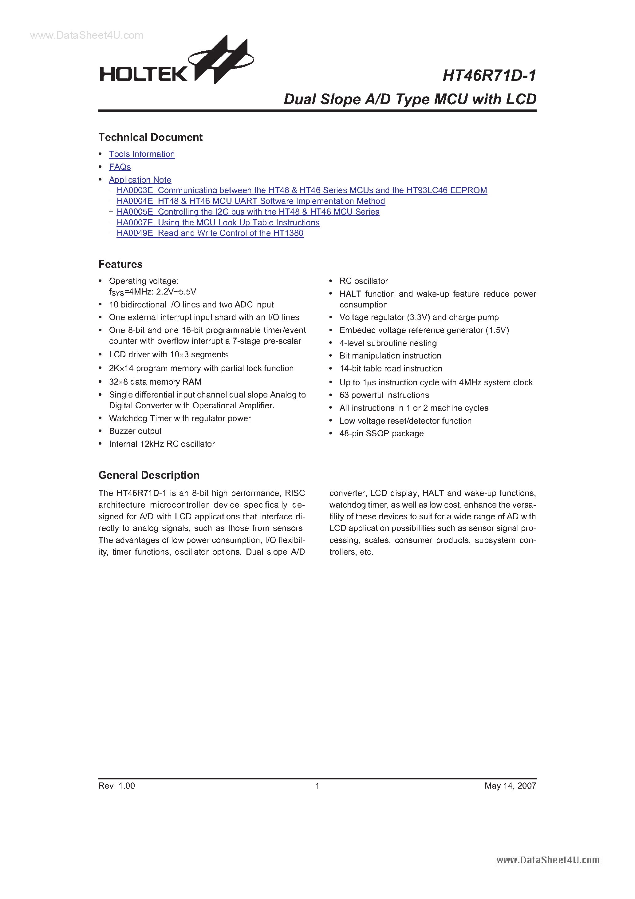 Даташит на микросхему HT46R71D-1 страница 1 Даташит HT46R71D-1 - Dual Slope A/D Type MCU страница 1