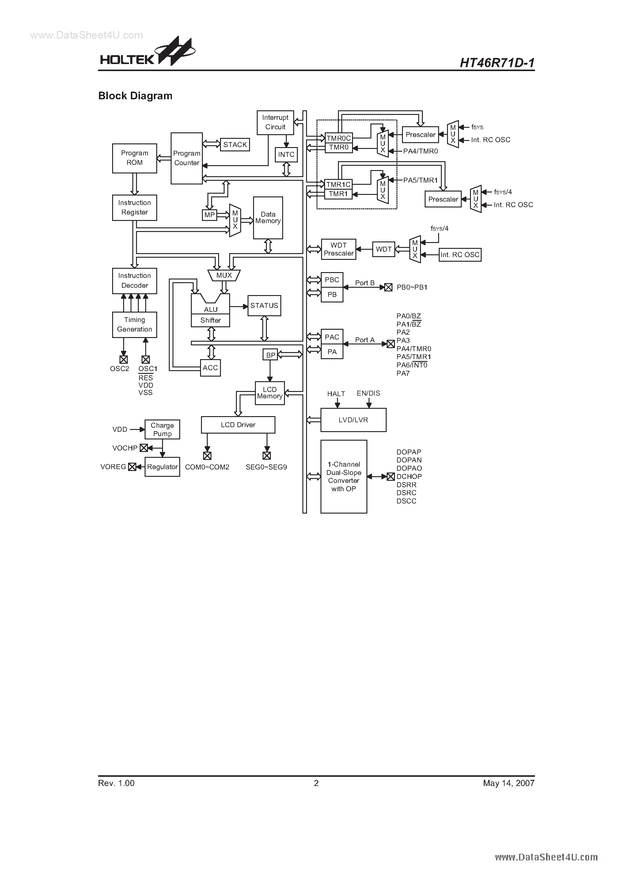 Даташит на микросхему HT46R71D-1 страница 2 Даташит HT46R71D-1 - Dual Slope A/D Type MCU страница 2