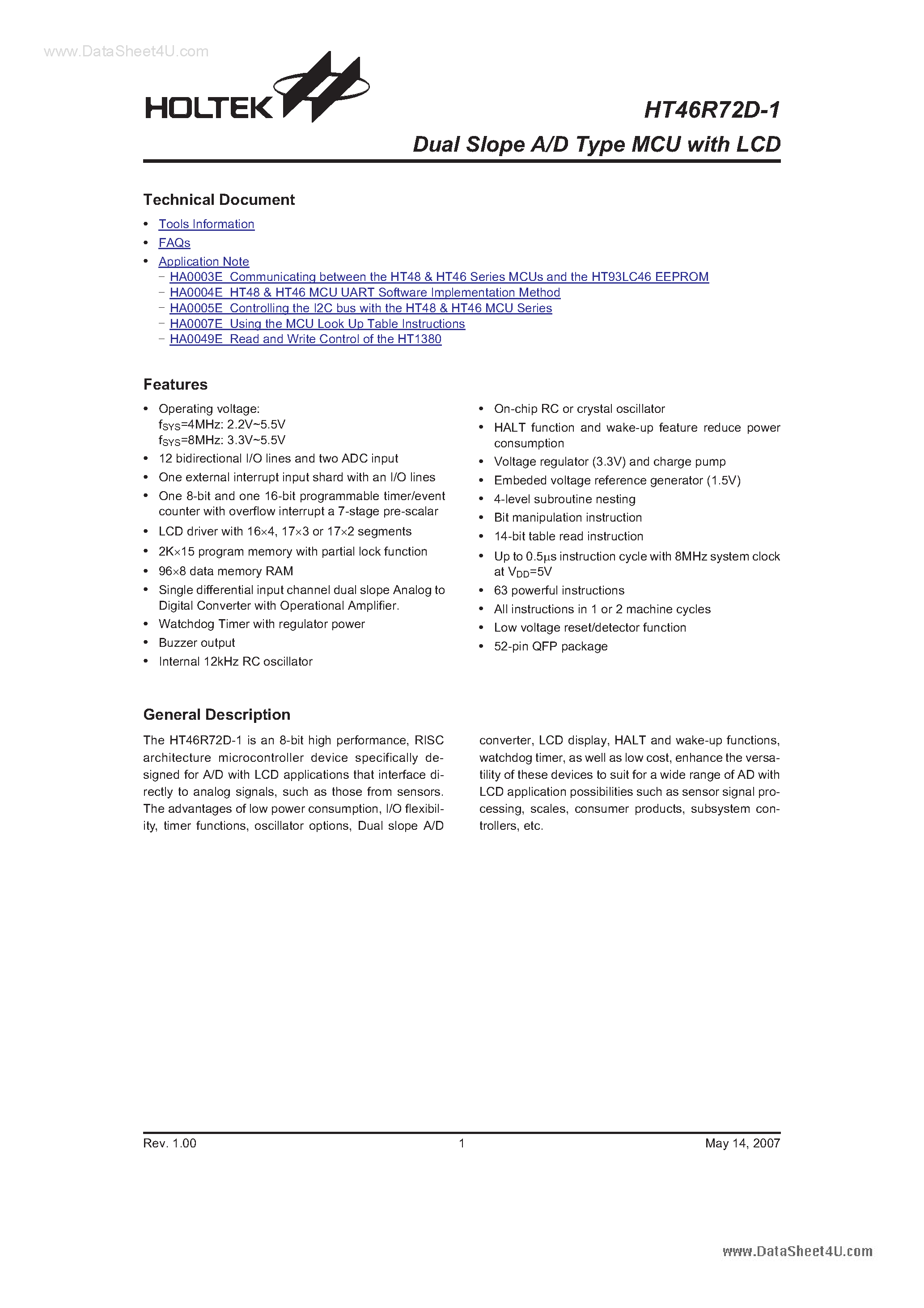 Даташит HT46R72D-1 - Dual Slope A/D Type MCU страница 1