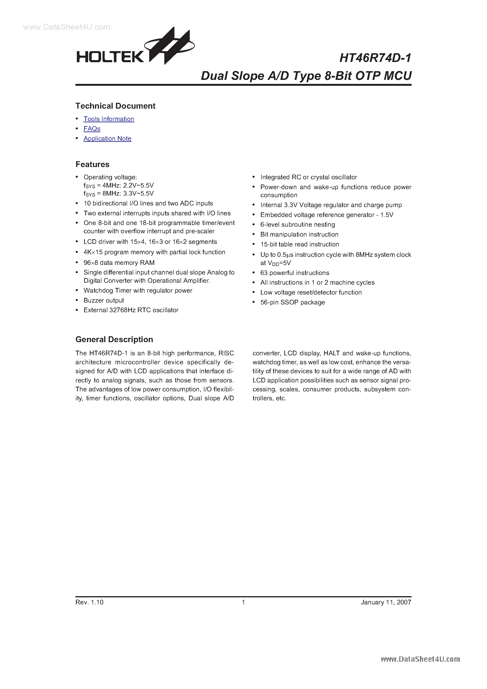 Даташит HT46R74D-1 - Dual Slope A/D Type MCU страница 1