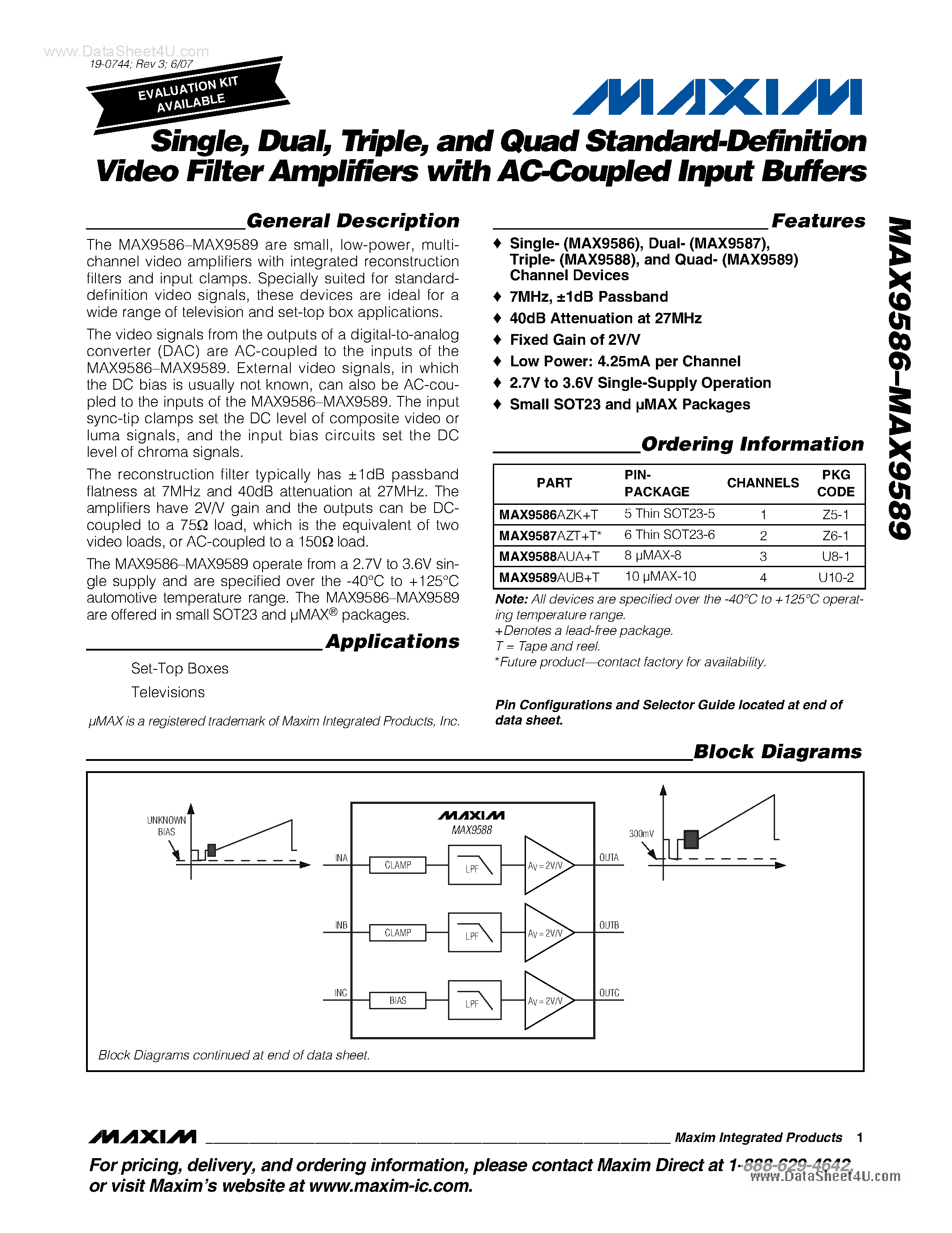 Даташит MAX9586 - (MAX9586 - MAX9589) Standard-Definition Video Filter Amplifiers страница 1