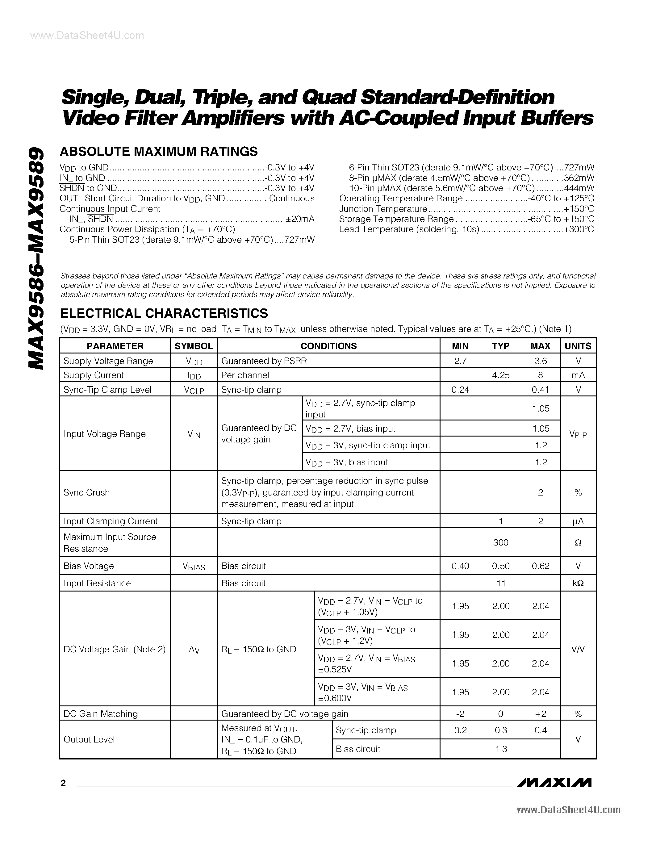 Даташит MAX9586 - (MAX9586 - MAX9589) Standard-Definition Video Filter Amplifiers страница 2