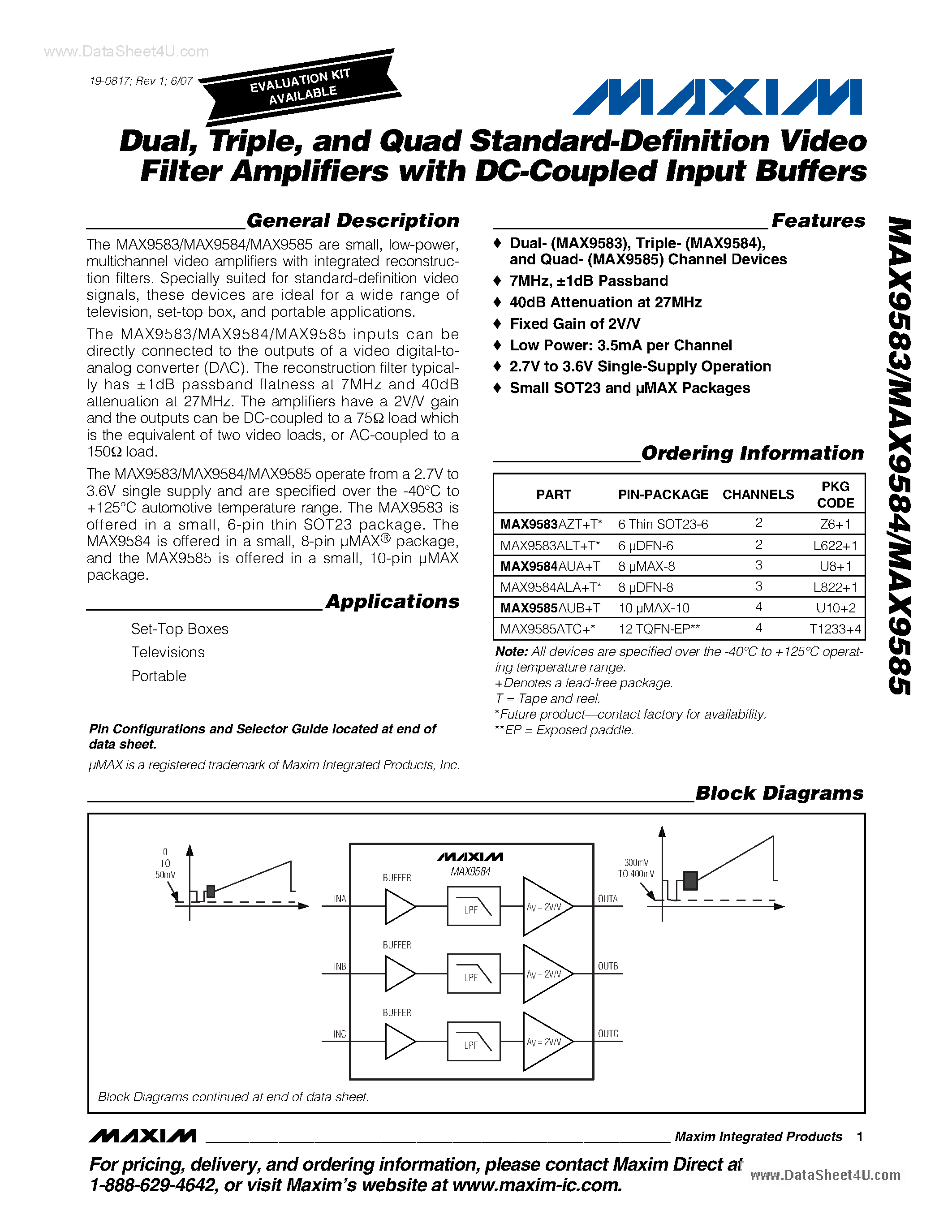 Даташит MAX9583 - (MAX9583 - MAX9585) Standard-Definition Video Filter Amplifiers страница 1