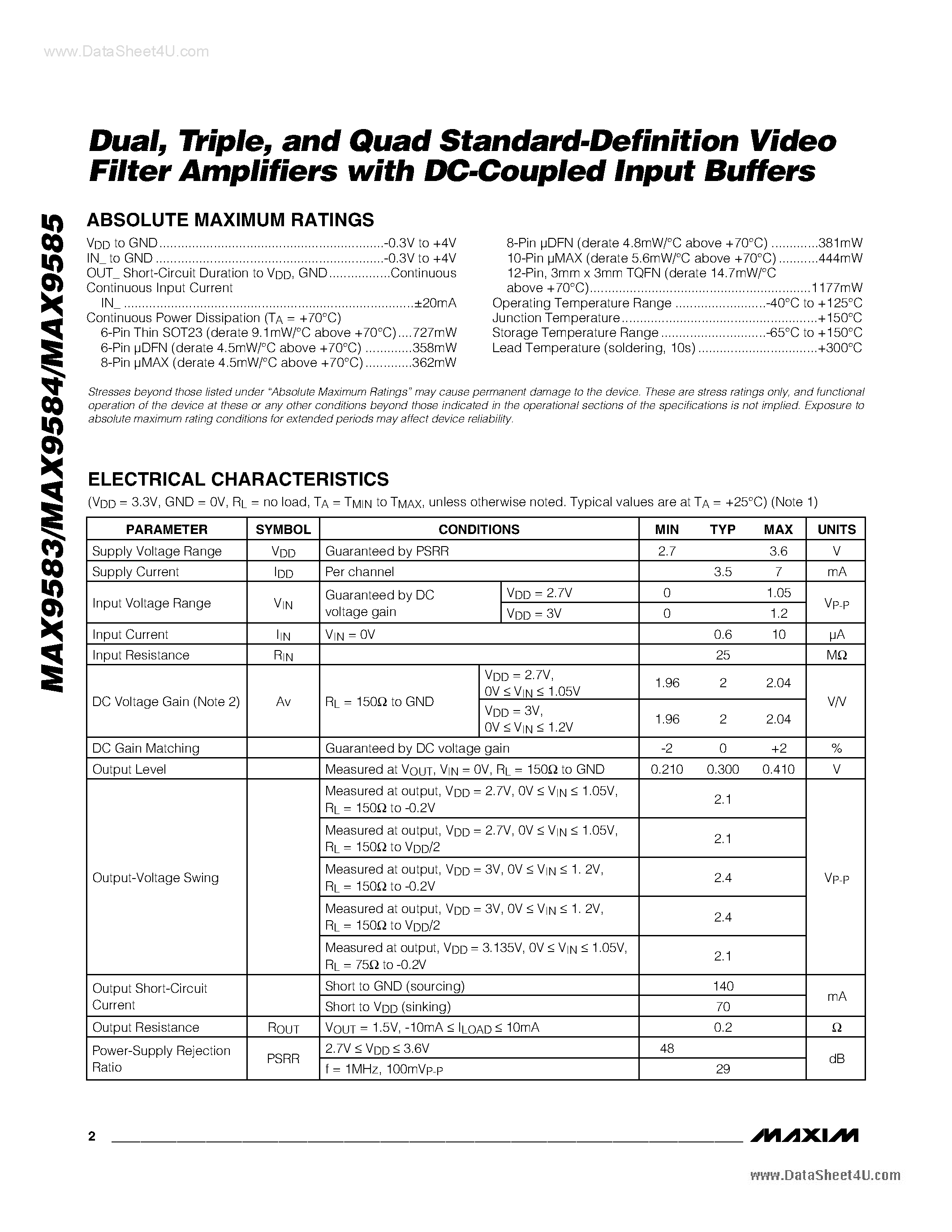 Даташит MAX9583 - (MAX9583 - MAX9585) Standard-Definition Video Filter Amplifiers страница 2