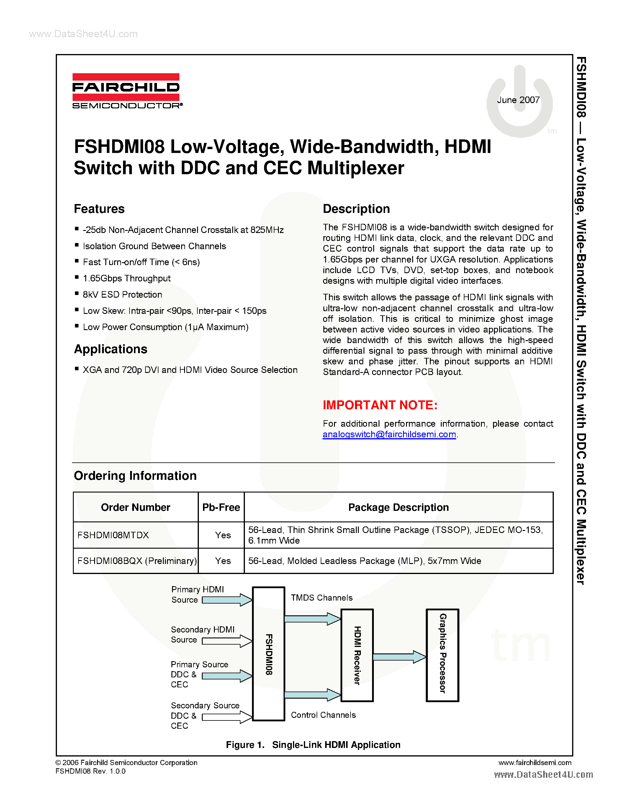 Даташит FSHDMI08 - Wide-Bandwidth Differential Signaling HDMI Switch страница 1