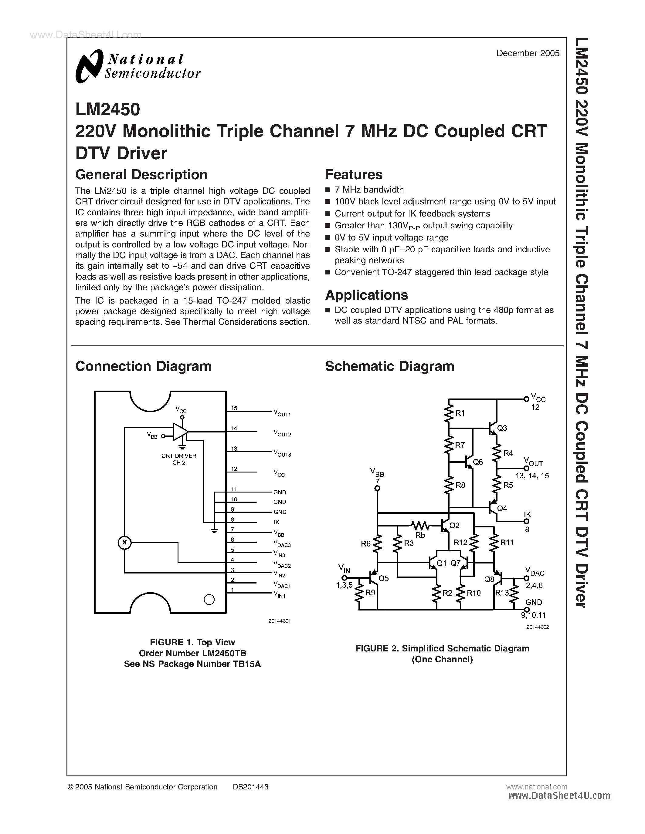 Datasheet LM2450 - 220V Monolithic Triple Channel 7 MHz DC Coupled CRT DTV Driver page 1