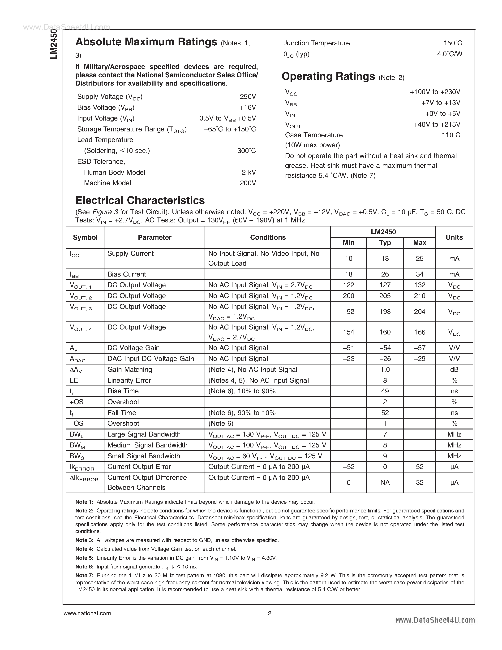 Datasheet LM2450 - 220V Monolithic Triple Channel 7 MHz DC Coupled CRT DTV Driver page 2