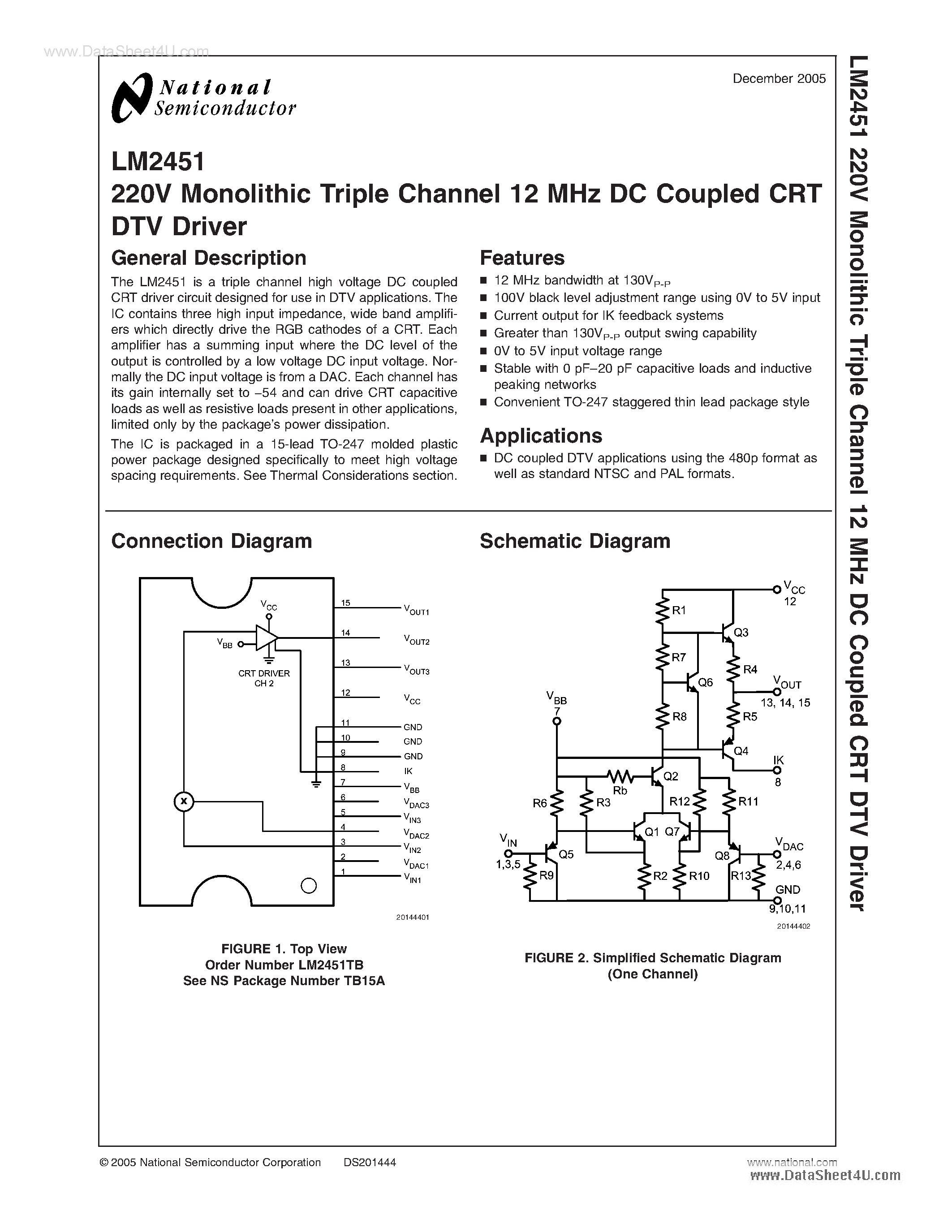 Даташит LM2451 - 220V Monolithic Triple Channel 12 MHz DC Coupled CRT DTV Driver страница 1