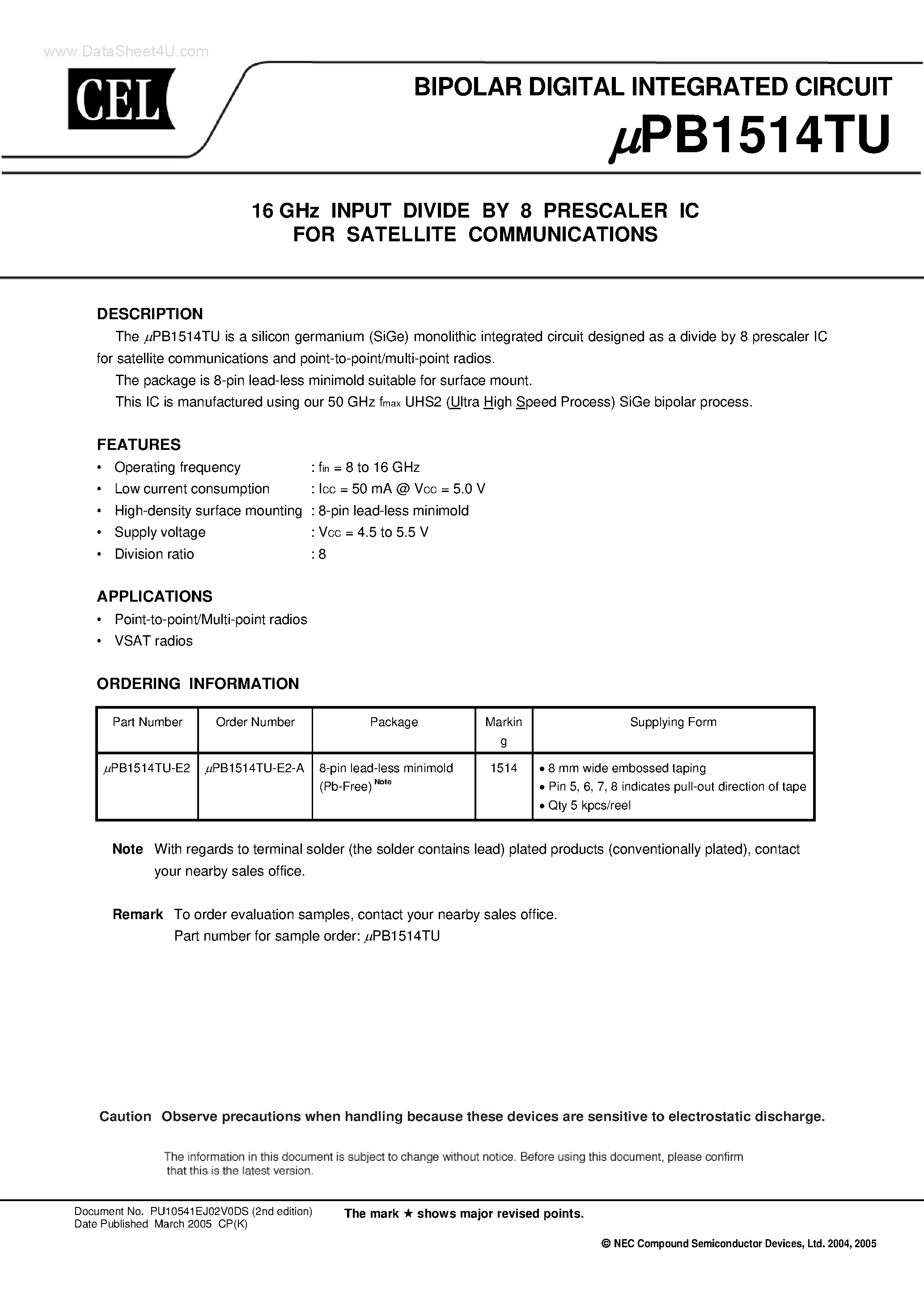 Даташит UPB1514TU - INPUT DIVIDE BY 8 PRESCALER IC страница 1