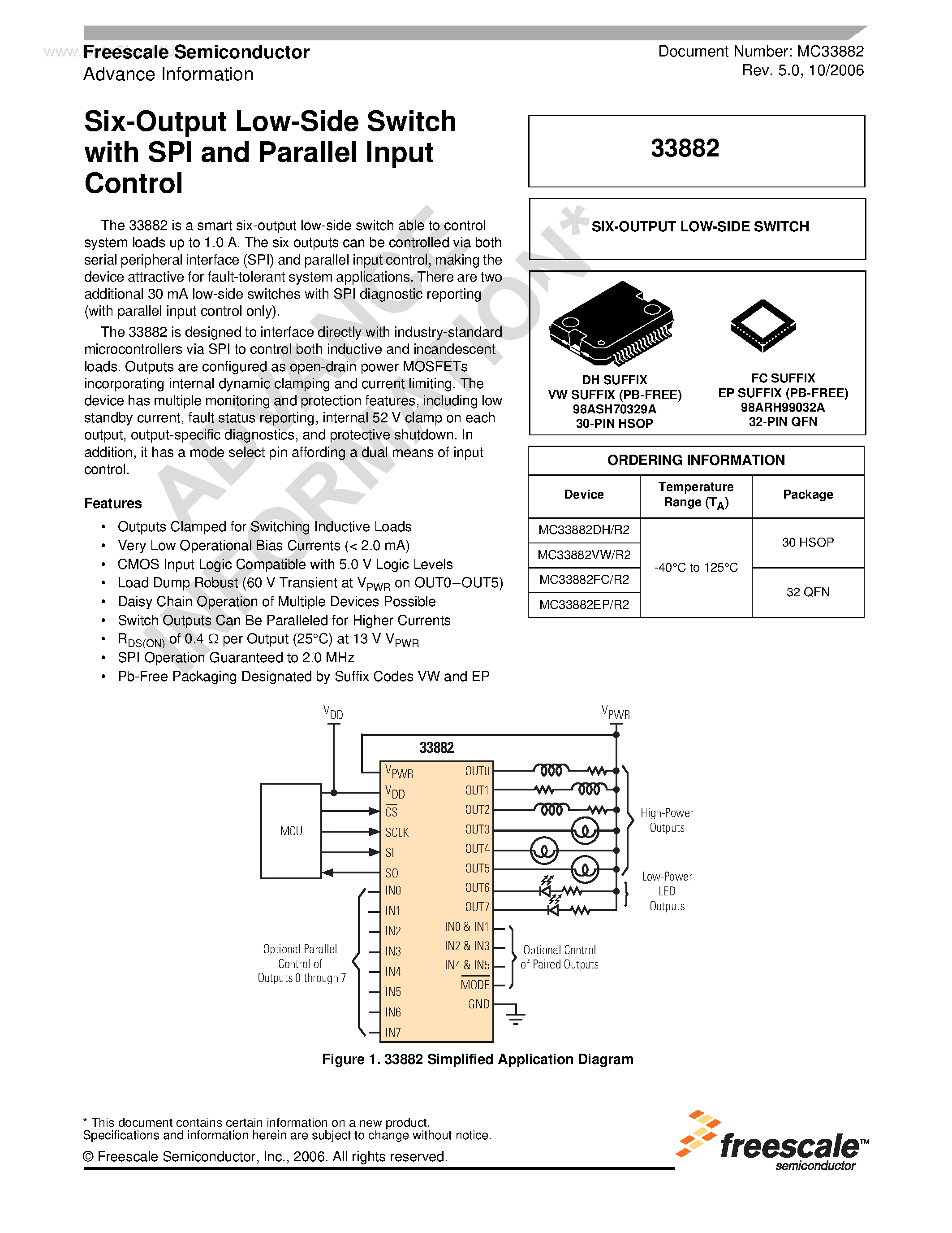 Даташит на микросхему 33882 страница 1 Даташит 33882 - Six-Output Low-Side Switch страница 1