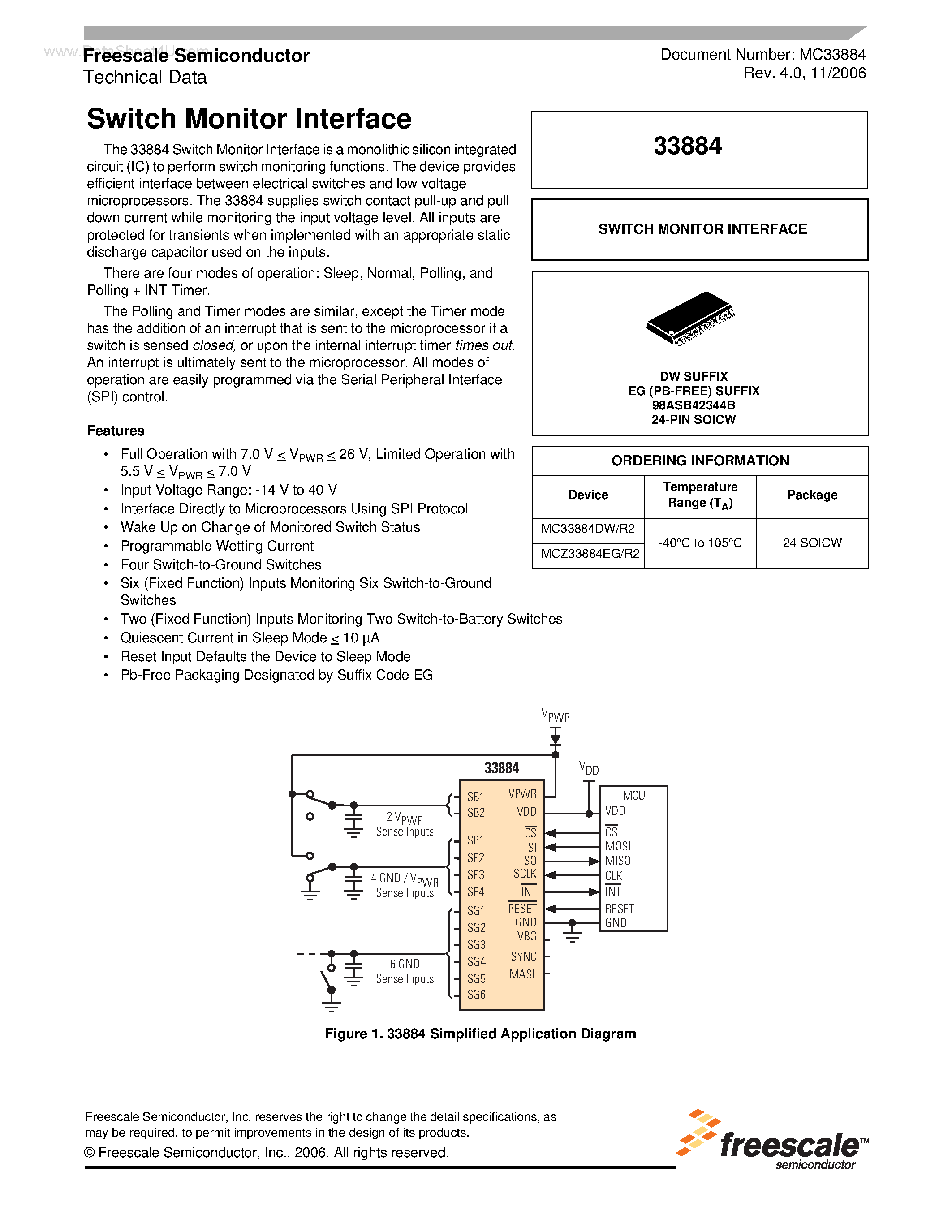 Datasheet MCZ33884 page 1 Datasheet MCZ33884 - Switch Monitor Interface page 1