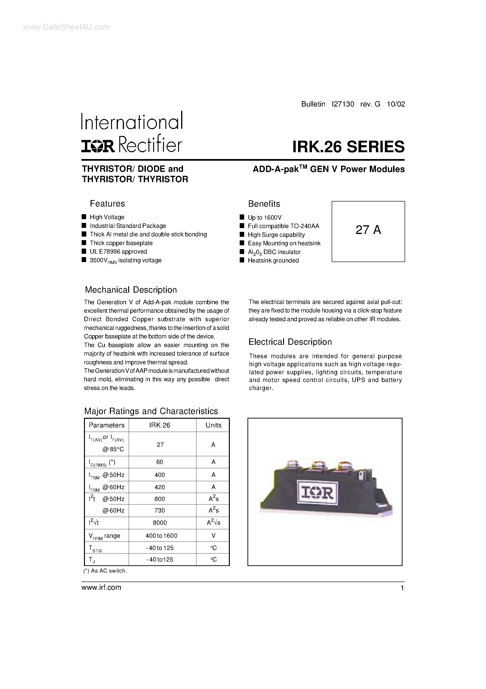 Datasheet IRK26 page 1 Datasheet IRK26 - ADD-A-pak-TM GEN V Power Modules page 1