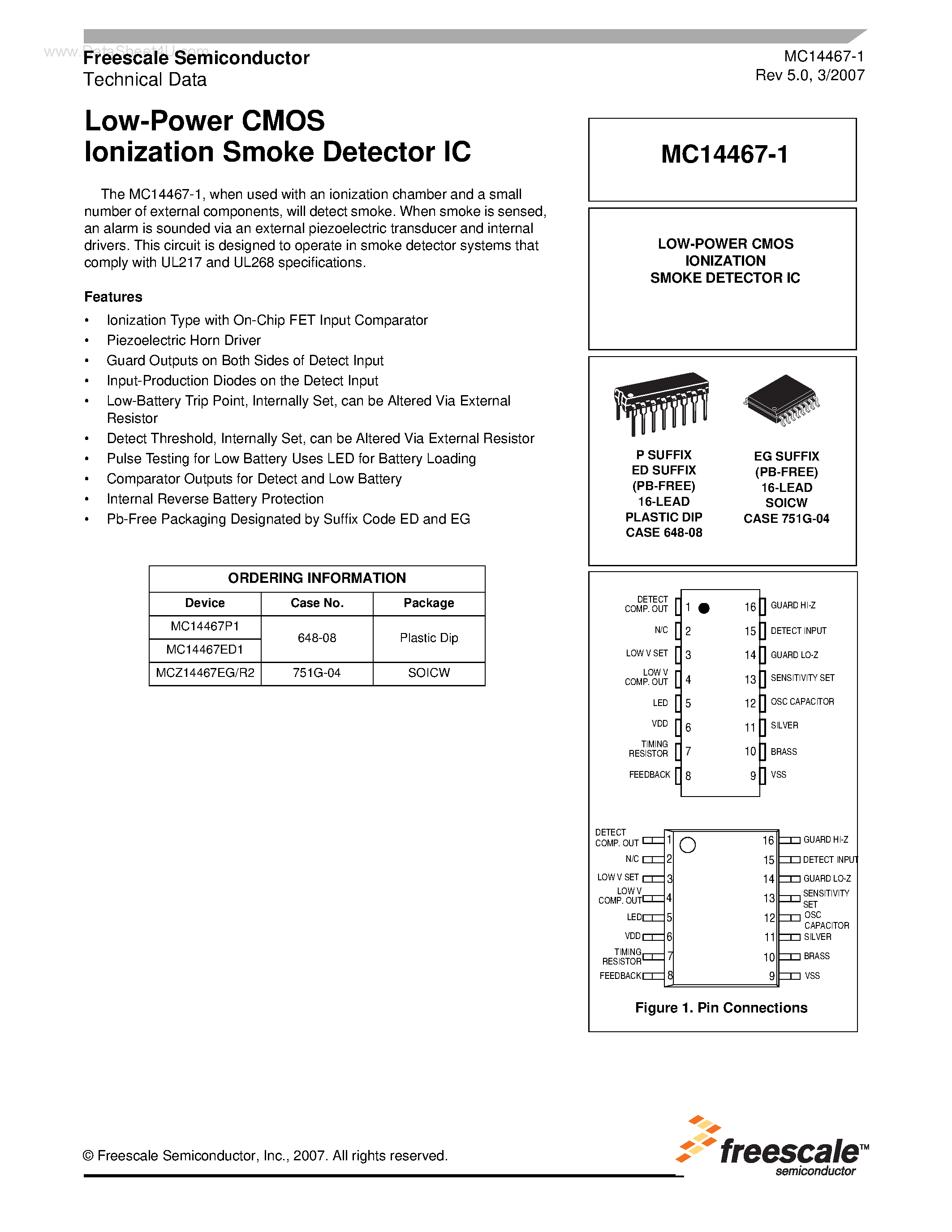 Даташит MC14467-1 - Low-Power CMOS Ionization Smoke Detector IC страница 1