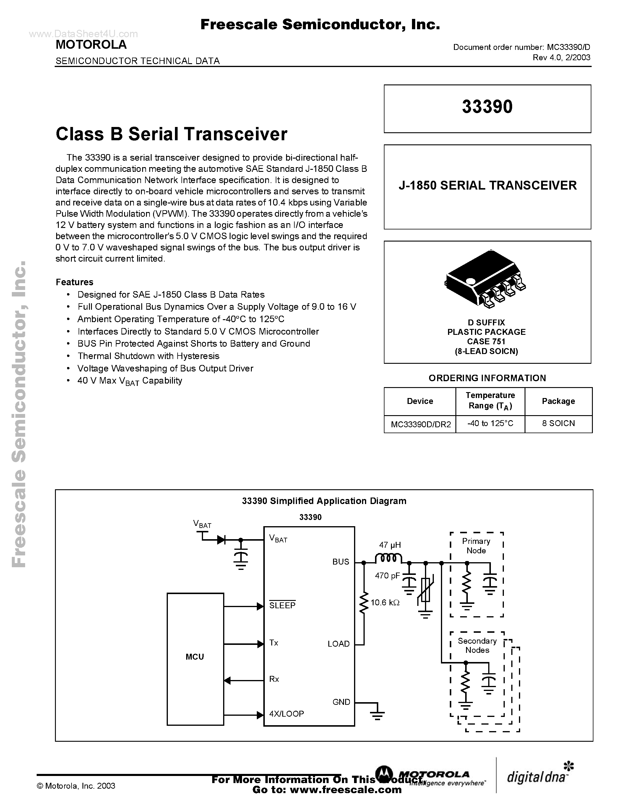 Datasheet MC33390 page 1 Datasheet MC33390 - Class B Serial Transceiver page 1