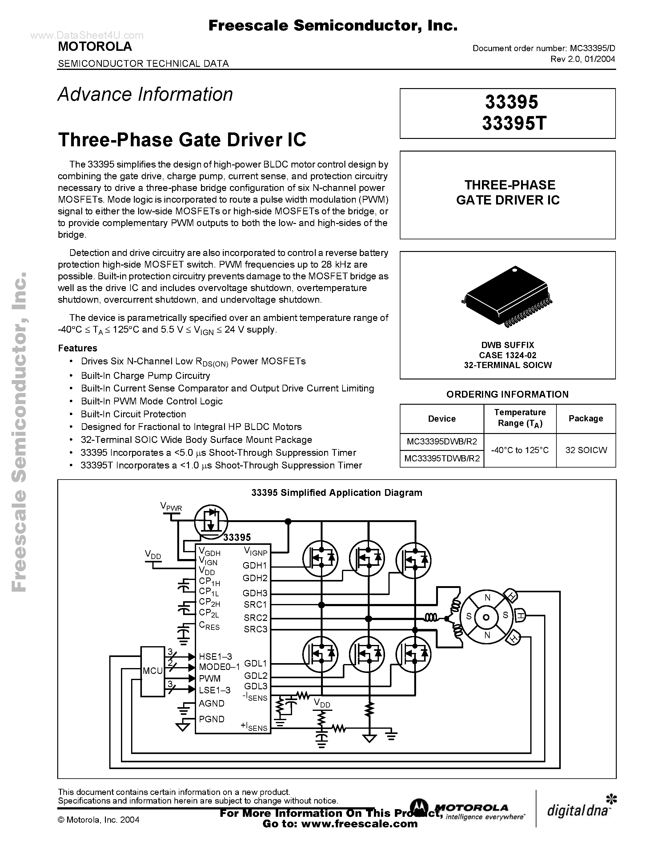 Datasheet MC33395 page 1 Datasheet MC33395 - Three-Phase Gate Driver IC page 1