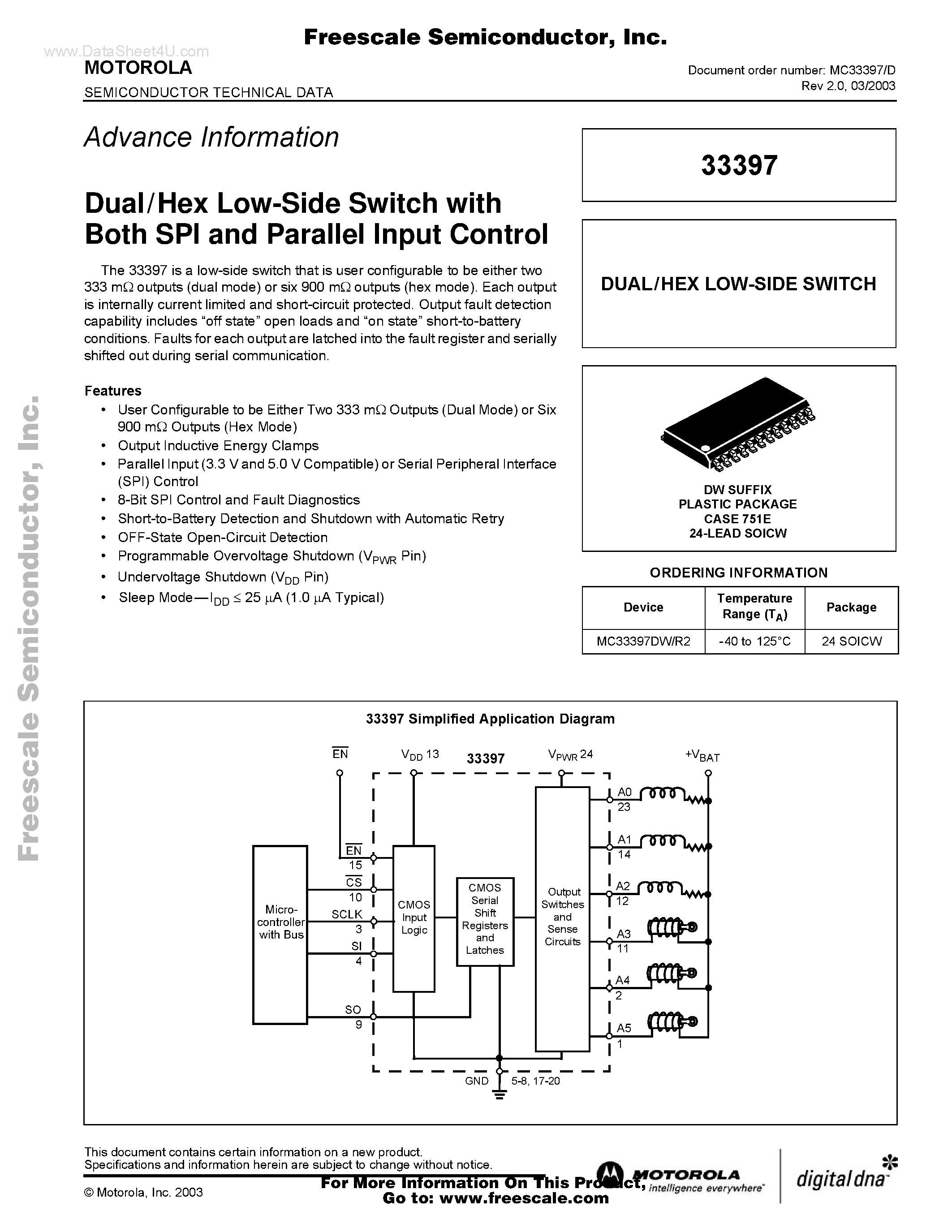 Datasheet MC33397 page 1 Datasheet MC33397 - Dual/Hex Low-Side Switch page 1