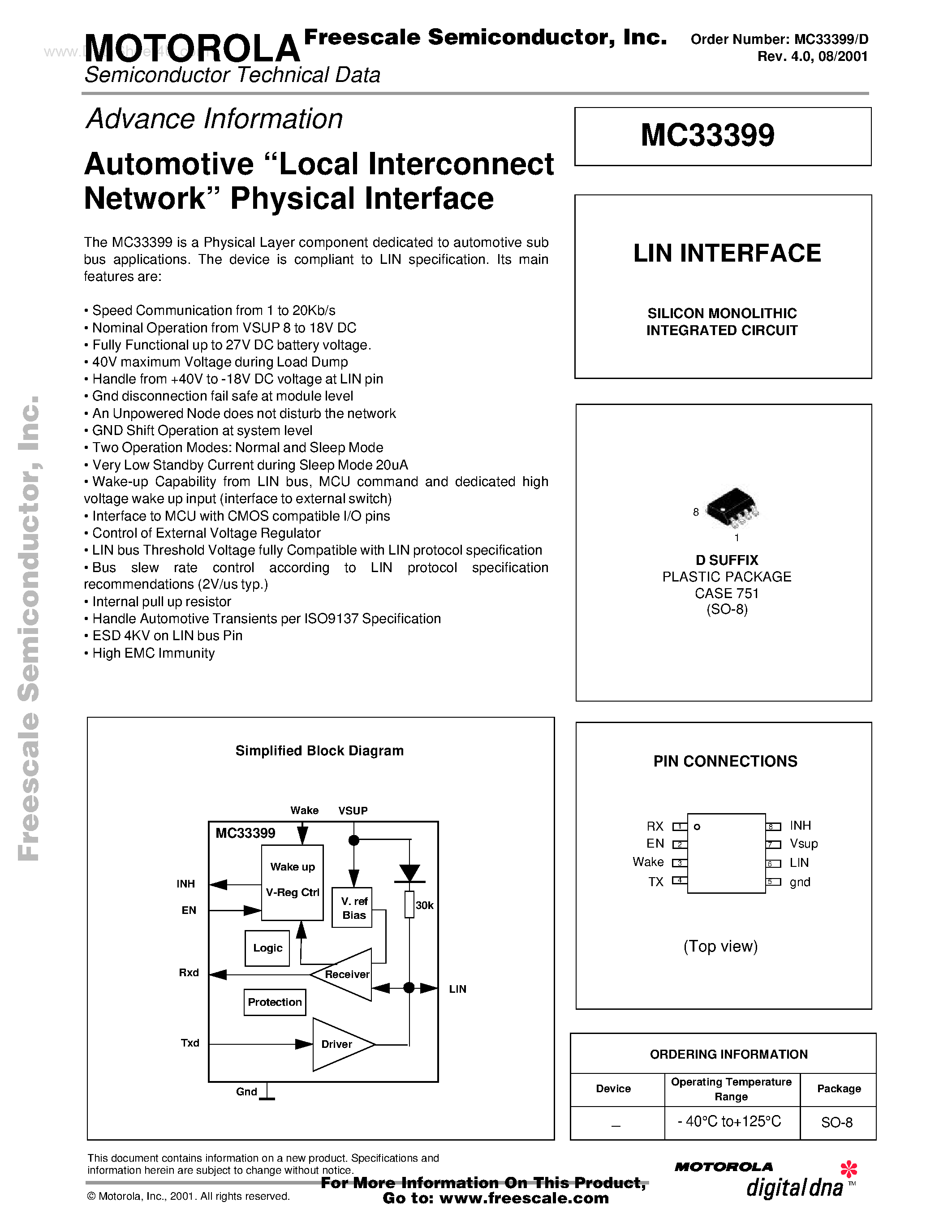 Datasheet MC33399 page 1 Datasheet MC33399 - Automotive Local Interconnect Network Physical Interface page 1