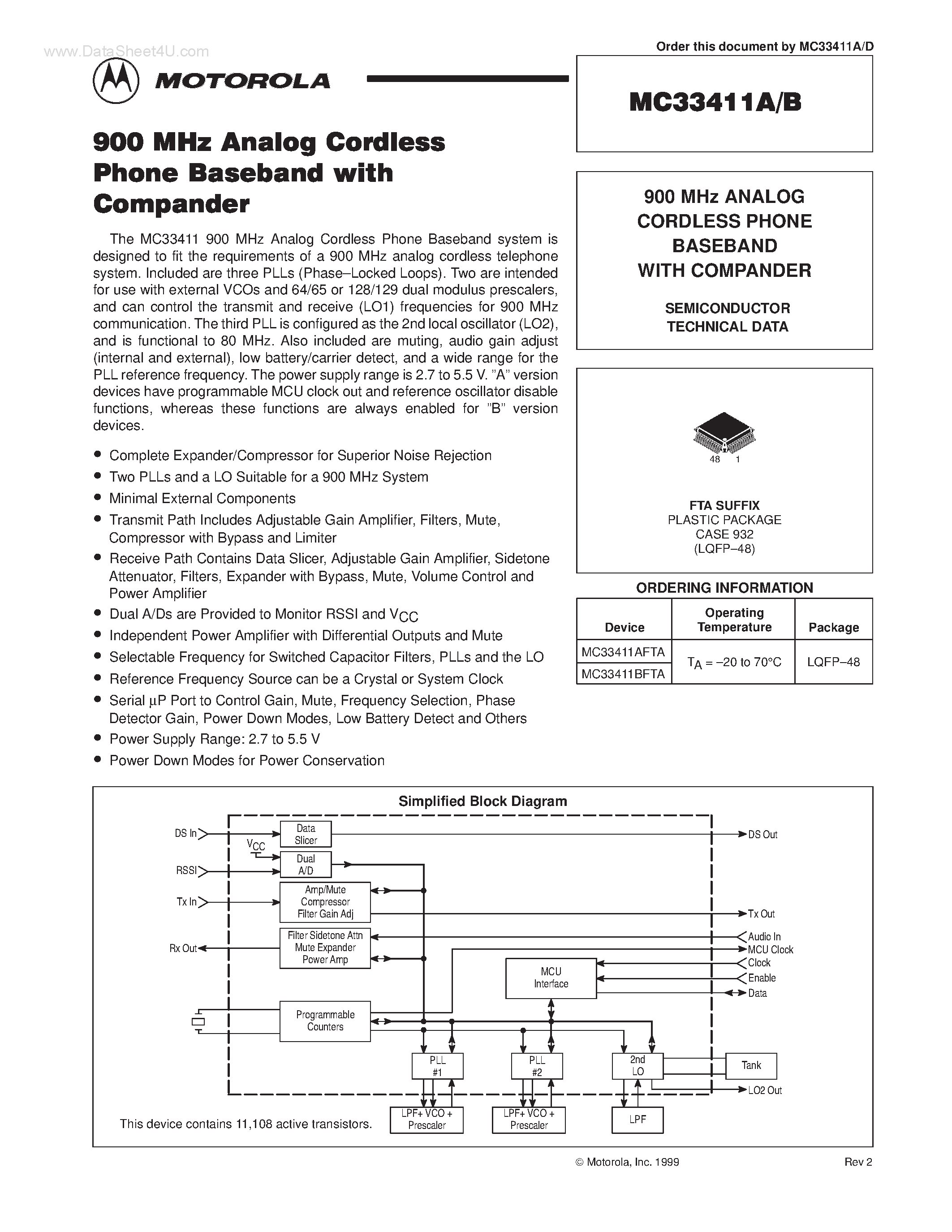 Даташит MC33411A - (MC33411A/B) ANALOG CORDLESS PHONE BASEBAND страница 1