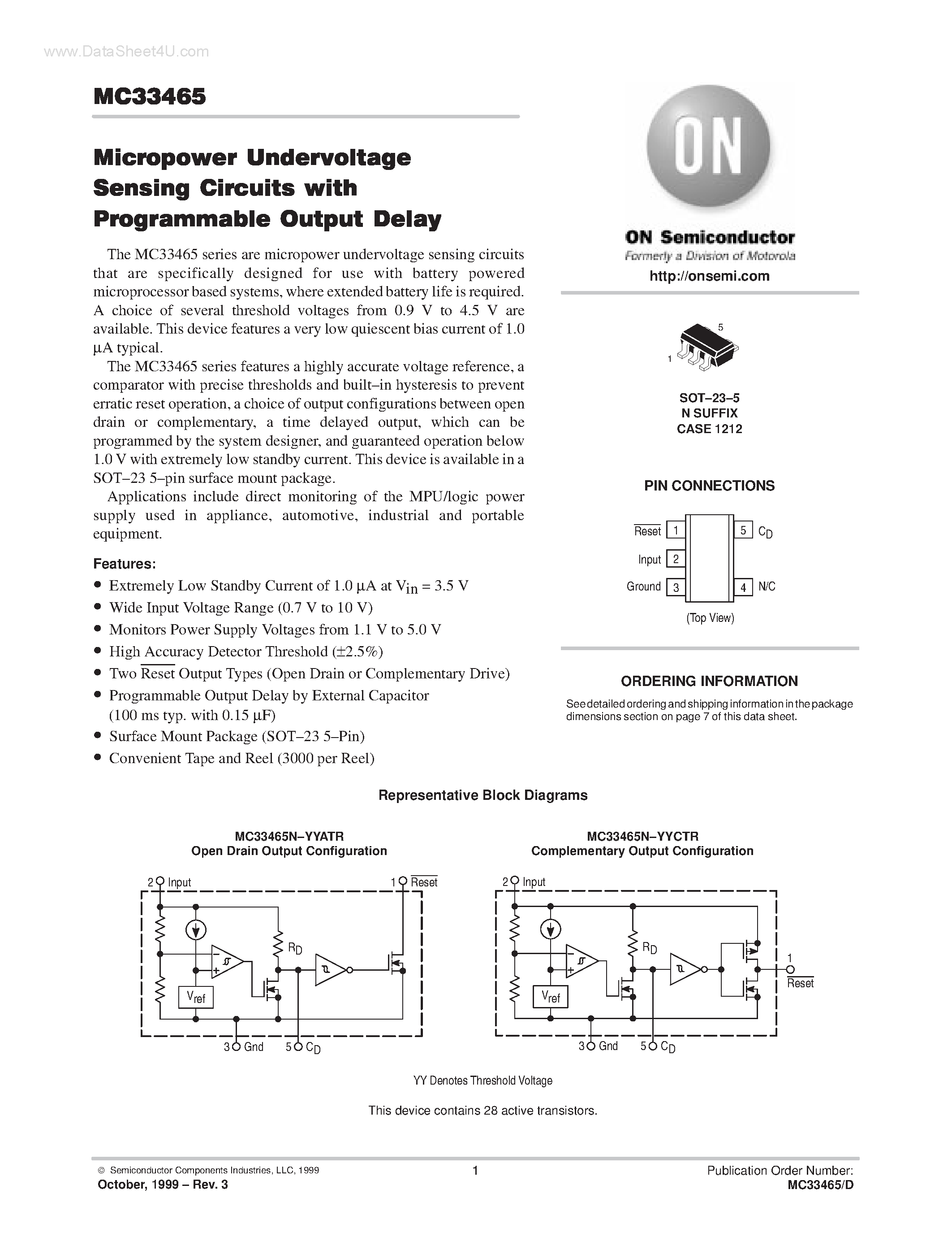 Datasheet MC33465 page 1 Datasheet MC33465 - Micropower Undervoltage Sensing Circuits page 1