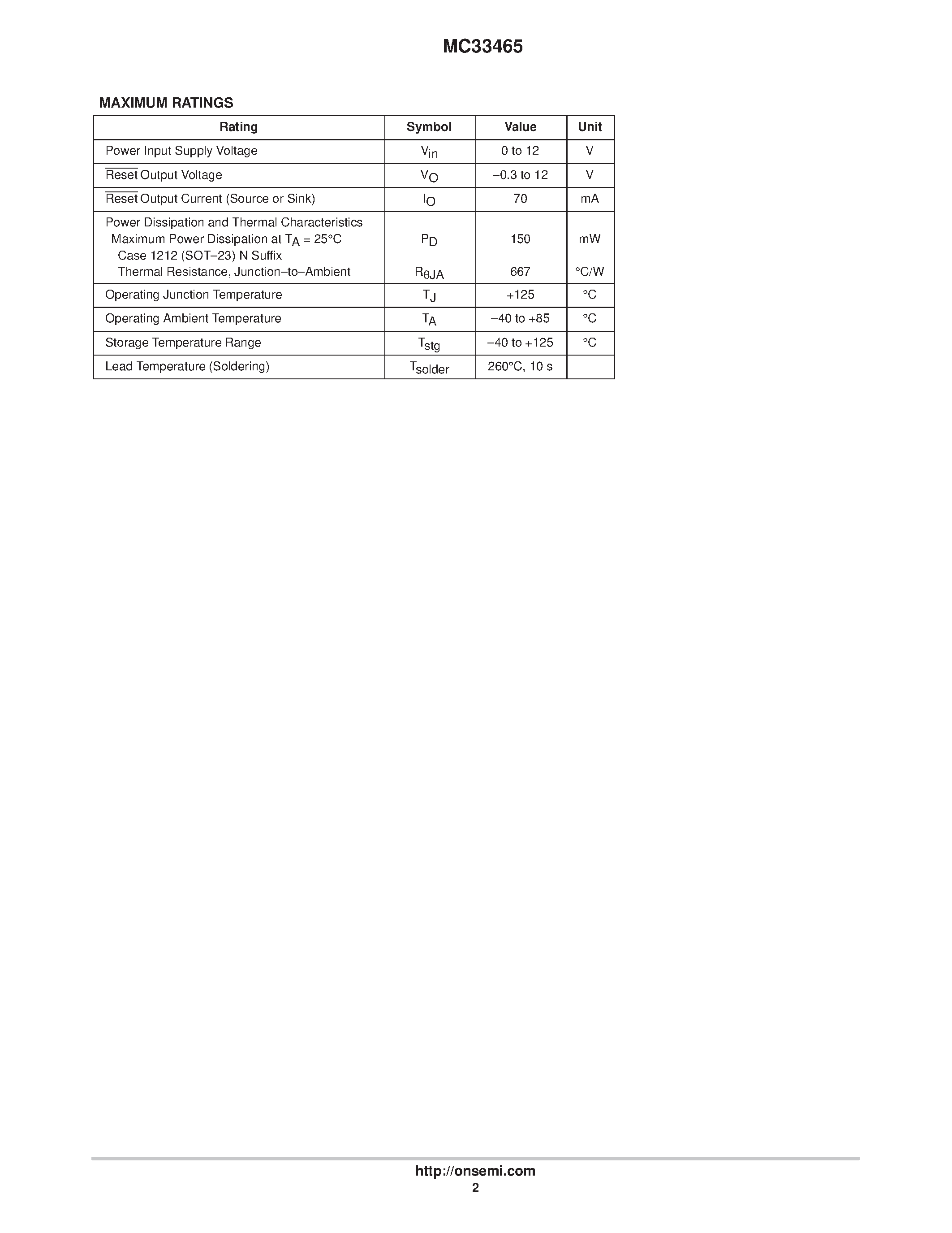 Datasheet MC33465 page 2 Datasheet MC33465 - Micropower Undervoltage Sensing Circuits page 2
