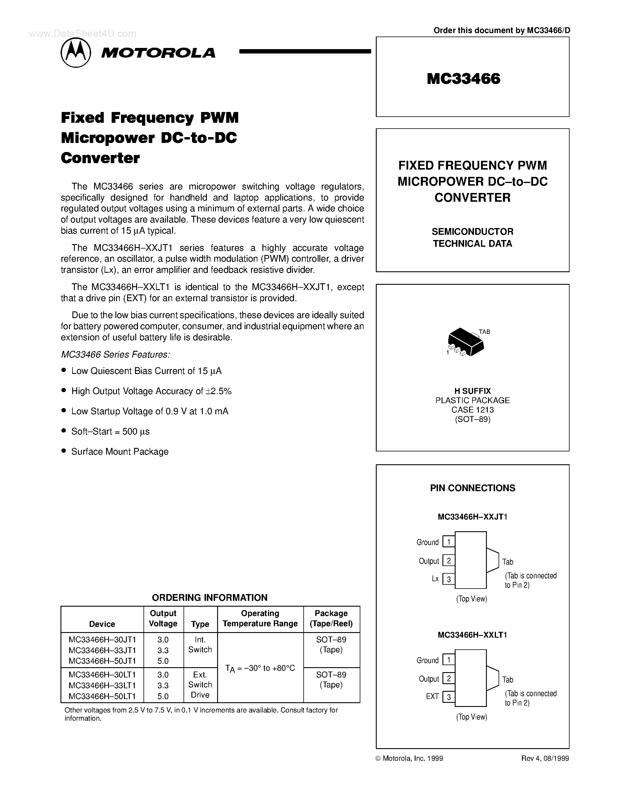 Datasheet MC33466 page 1 Datasheet MC33466 - FIXED FREQUENCY PWM MICROPOWER DC-to-DC CONVERTER page 1