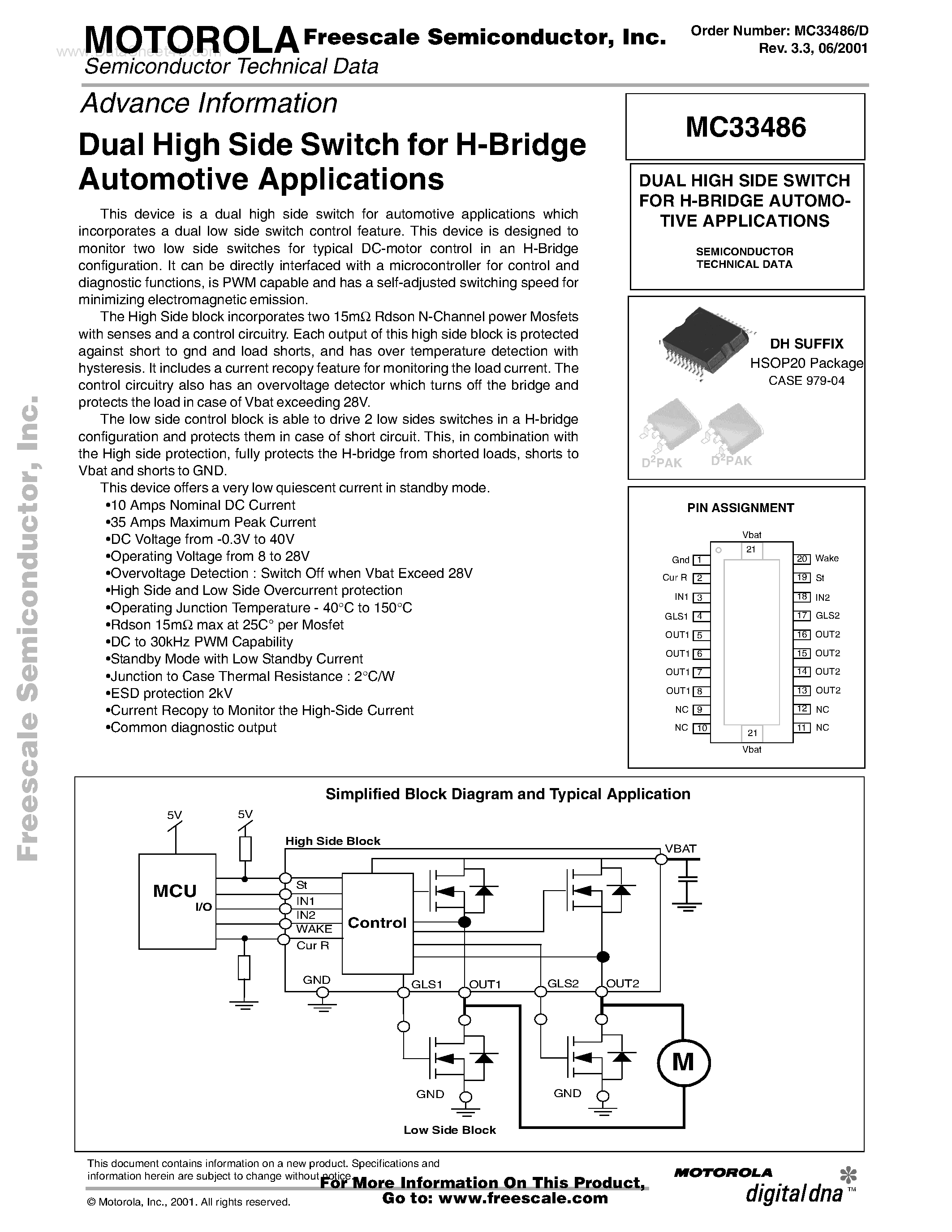 Datasheet MC33486 page 1 Datasheet MC33486 - Dual High Side Switch page 1
