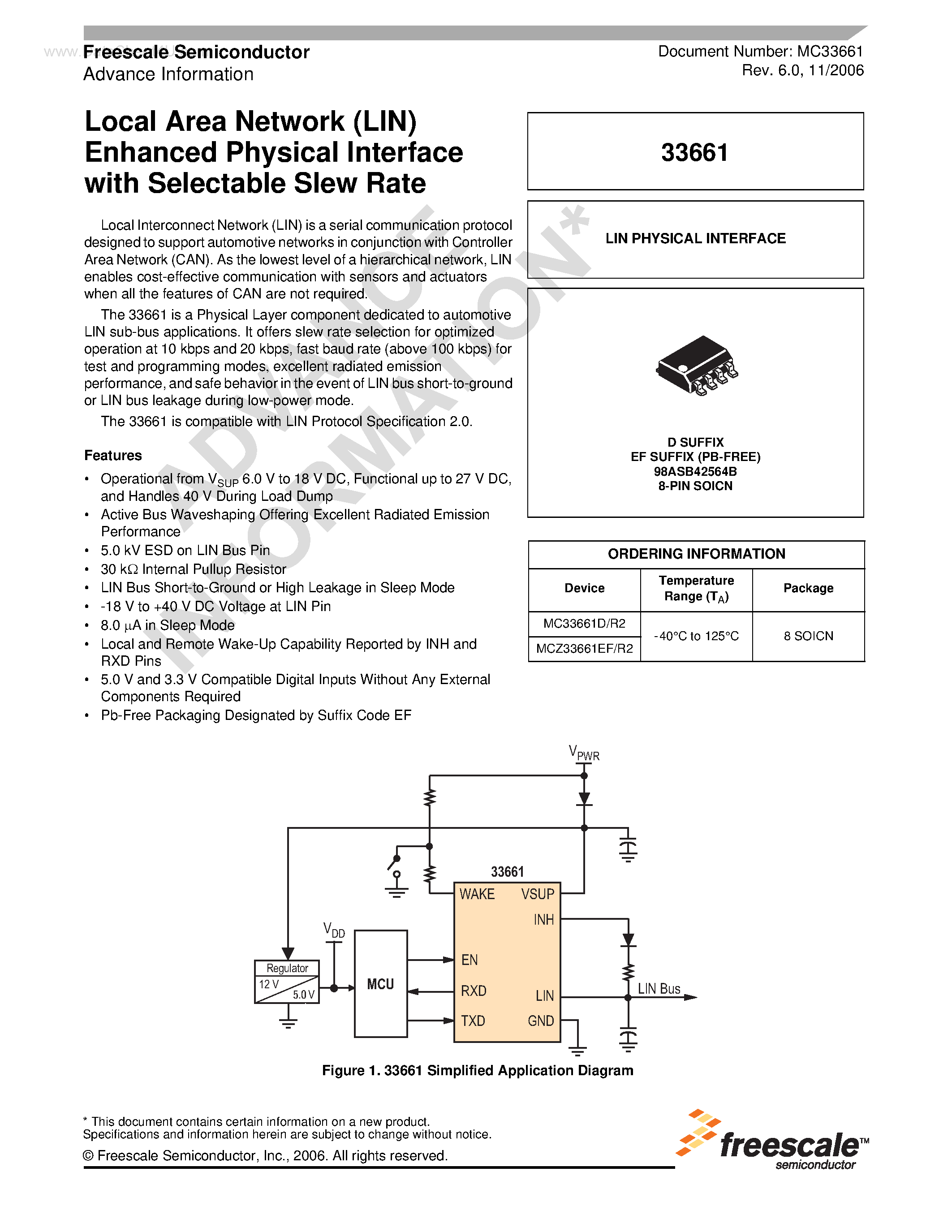 Datasheet MC33661 page 1 Datasheet MC33661 - Local Area Network (LIN) Enhanced Physical Interface page 1