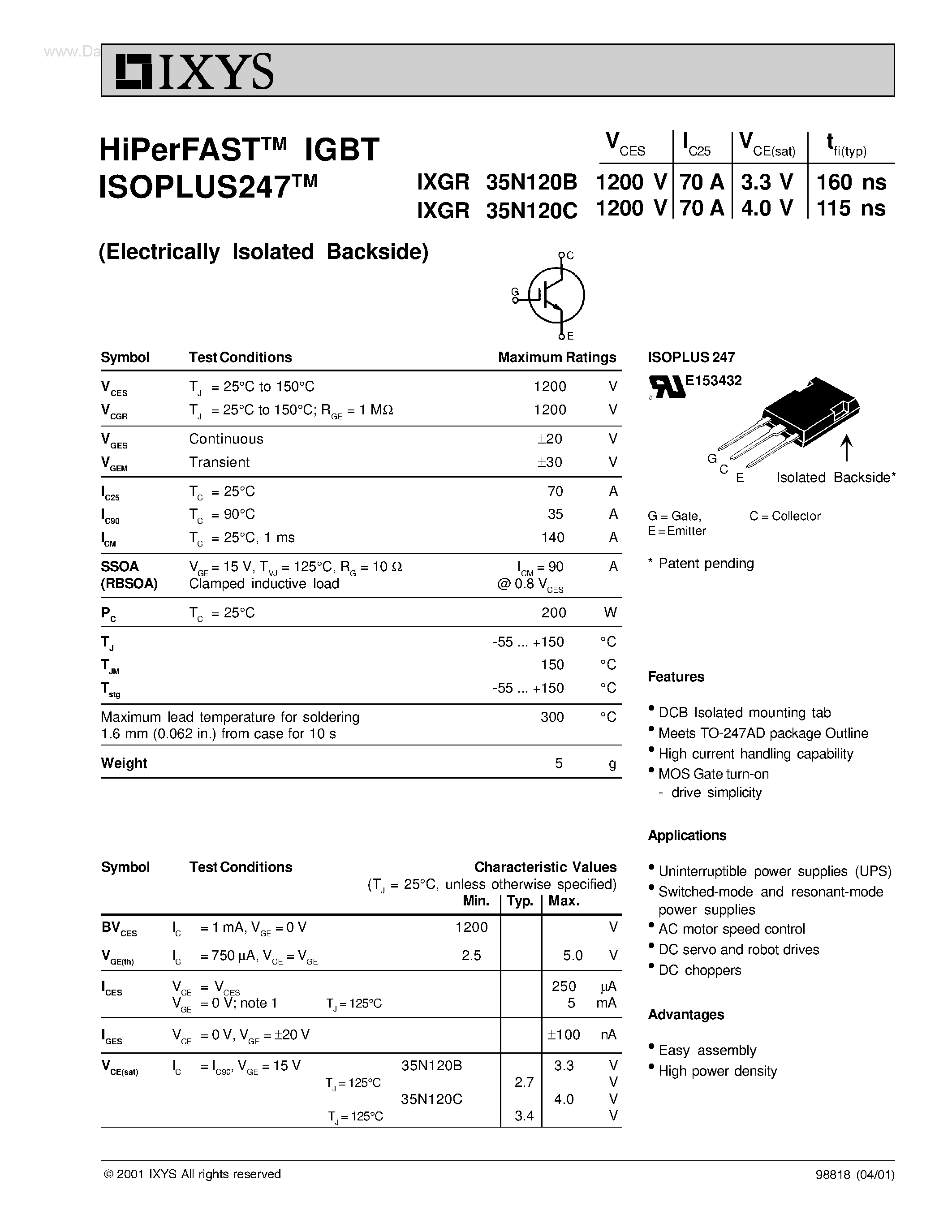 Datasheet IXGR35N120B page 1 Datasheet IXGR35N120B - (IXGR35N120B/C) HiPerFAST IGBT ISOPLUS247 page 1