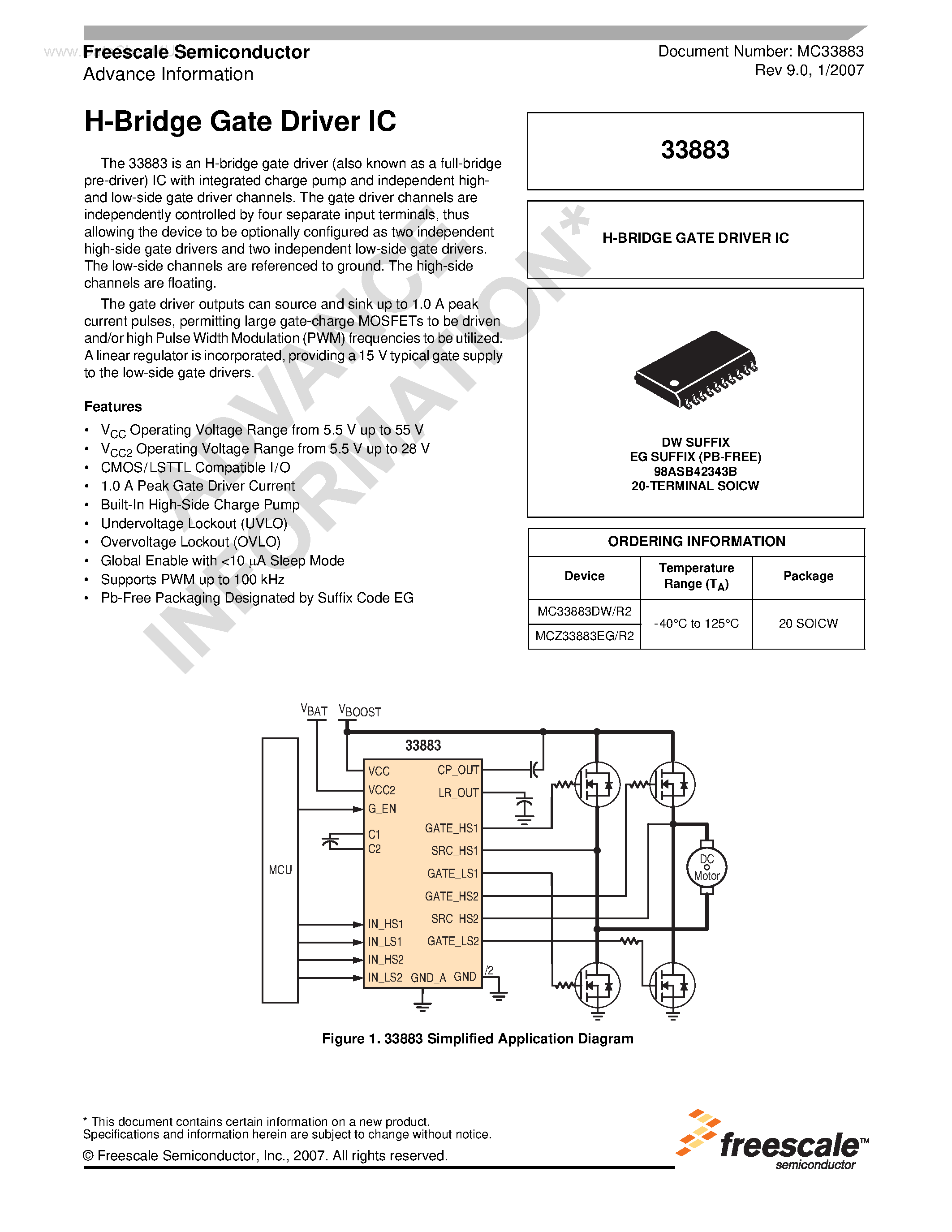 Datasheet MCZ33883 page 1 Datasheet MCZ33883 - H-Bridge Gate Driver IC page 1