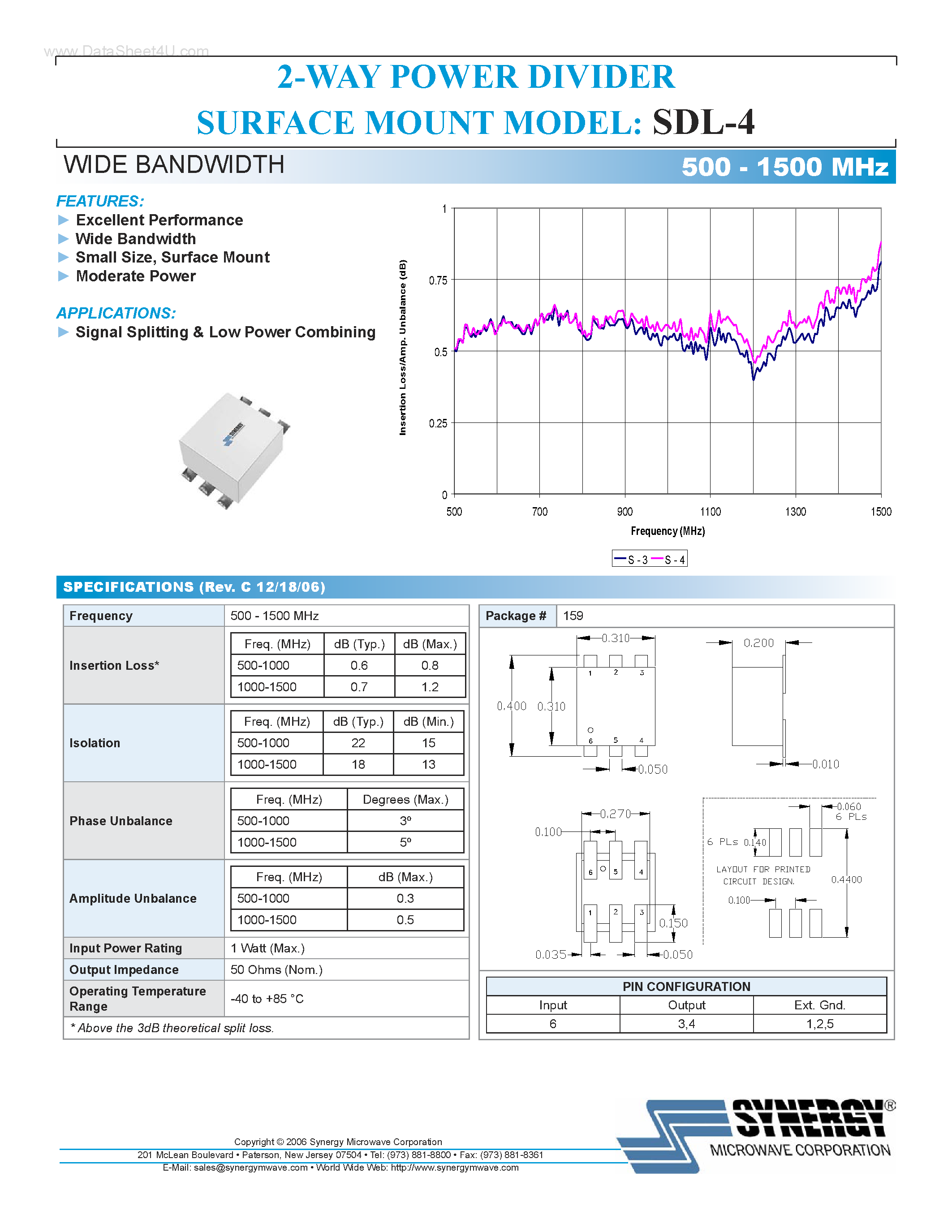 Datasheet SDL-4 - 2-WAY POWER DIVIDER SURFACE MOUNT MODEL page 1