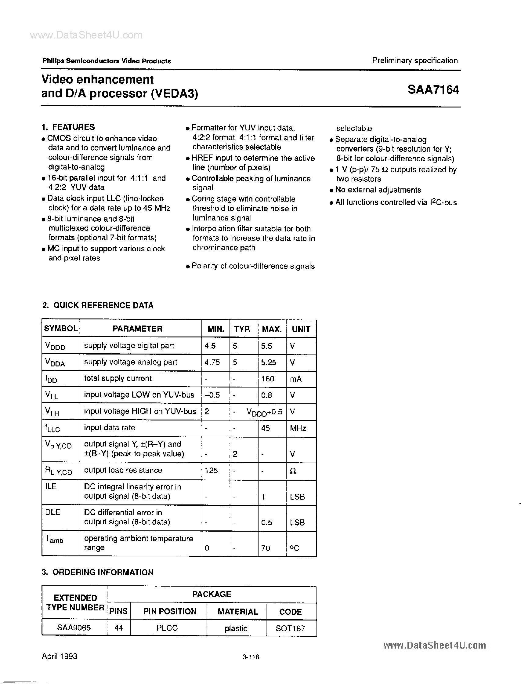 Datasheet SAA7164 page 1 Datasheet SAA7164 - Video Enhancement and D/A Processor page 1