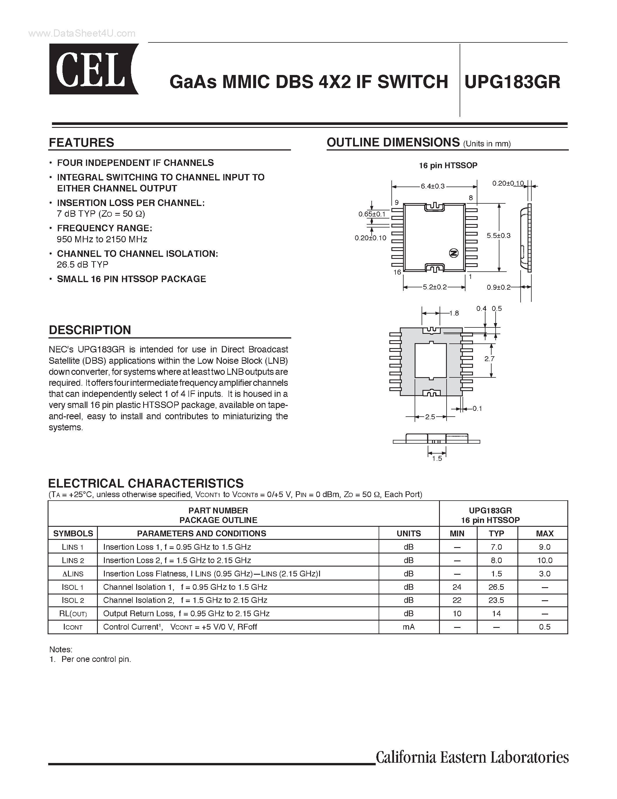 Datasheet UPG183GR page 1 Datasheet UPG183GR - GaAs MMIC DBS 4X2 IF SWITCH page 1