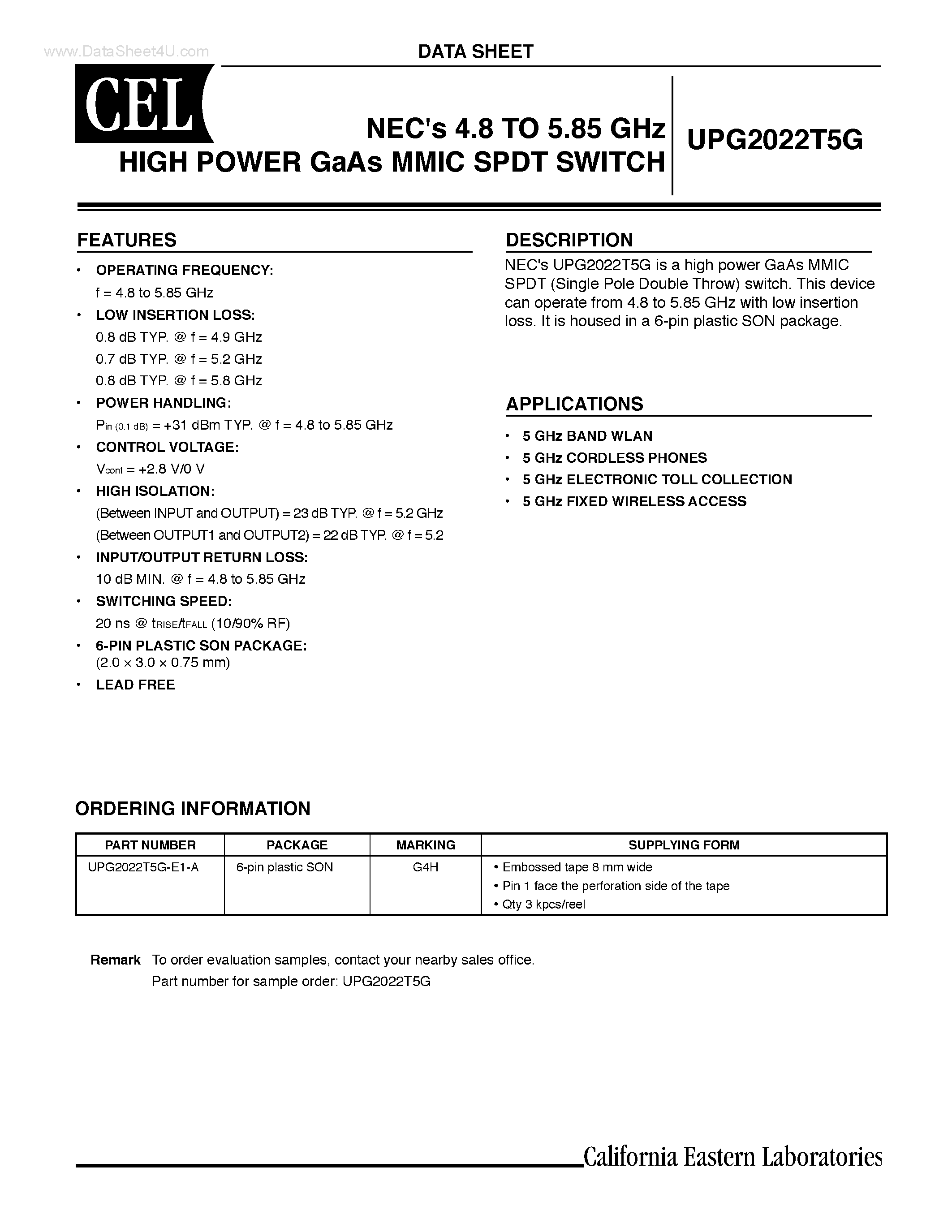 Datasheet UPG2022T5G page 1 Datasheet UPG2022T5G - HIGH POWER GaAs MMIC SPDT SWITCH page 1