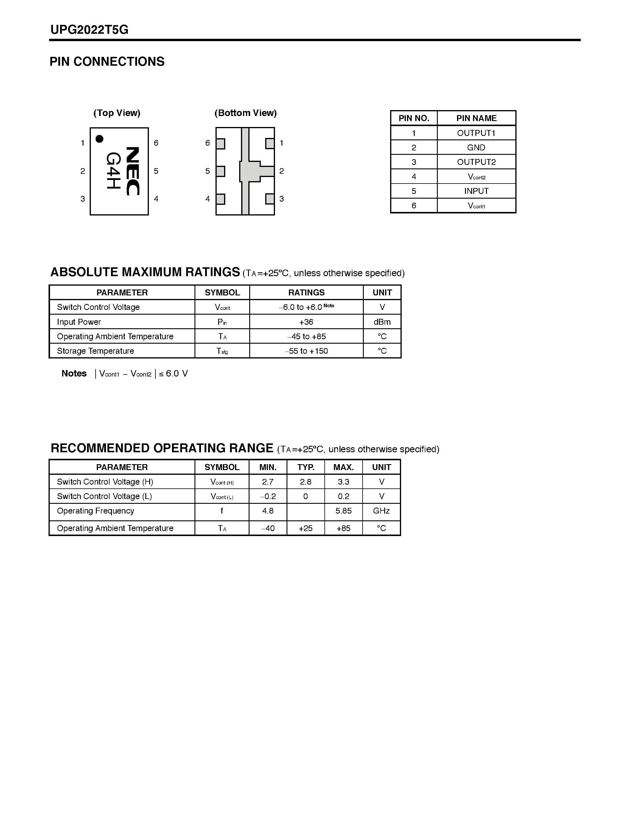 Datasheet UPG2022T5G page 2 Datasheet UPG2022T5G - HIGH POWER GaAs MMIC SPDT SWITCH page 2