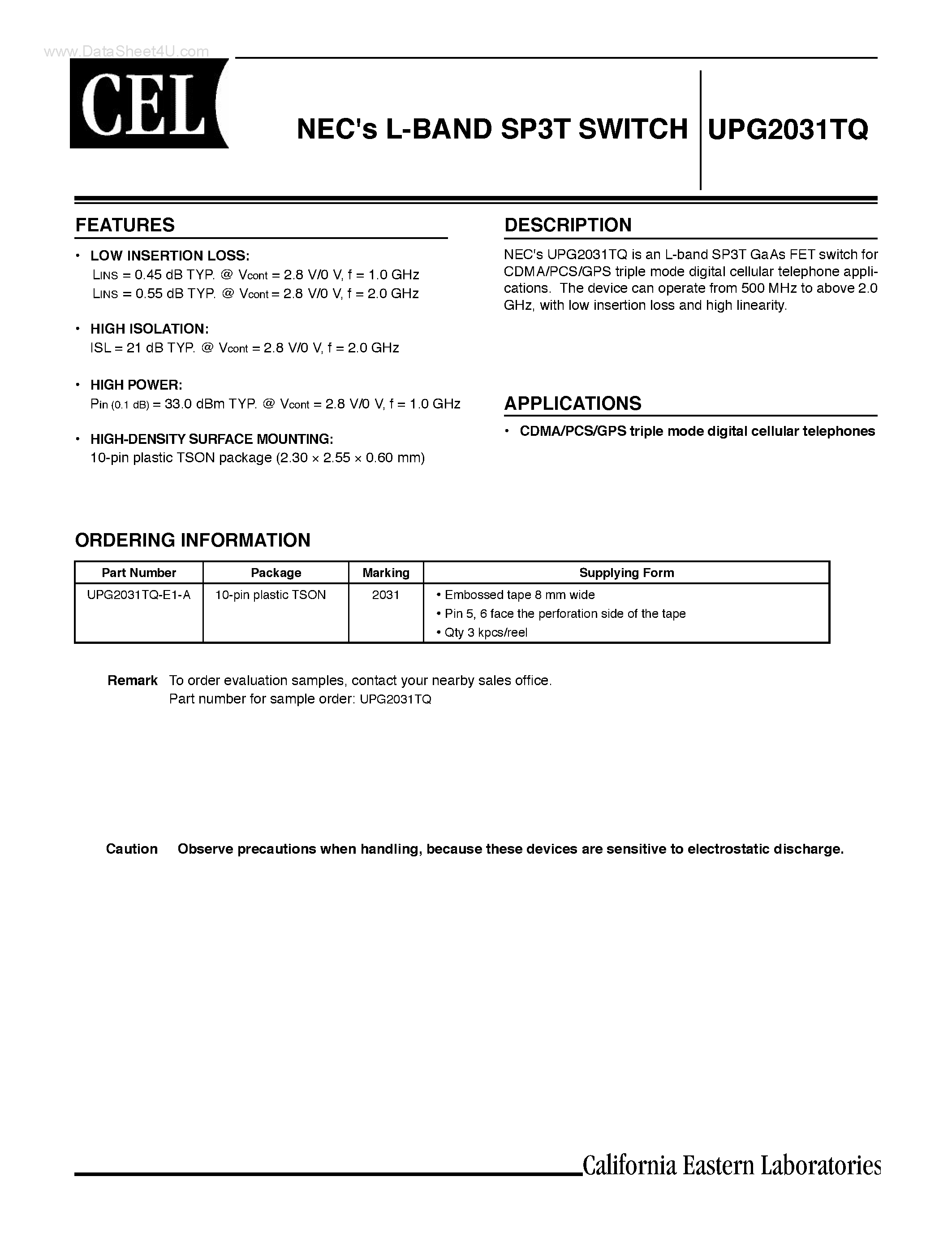 Даташит UPG2031TQ - L-BAND SP3T SWITCH страница 1