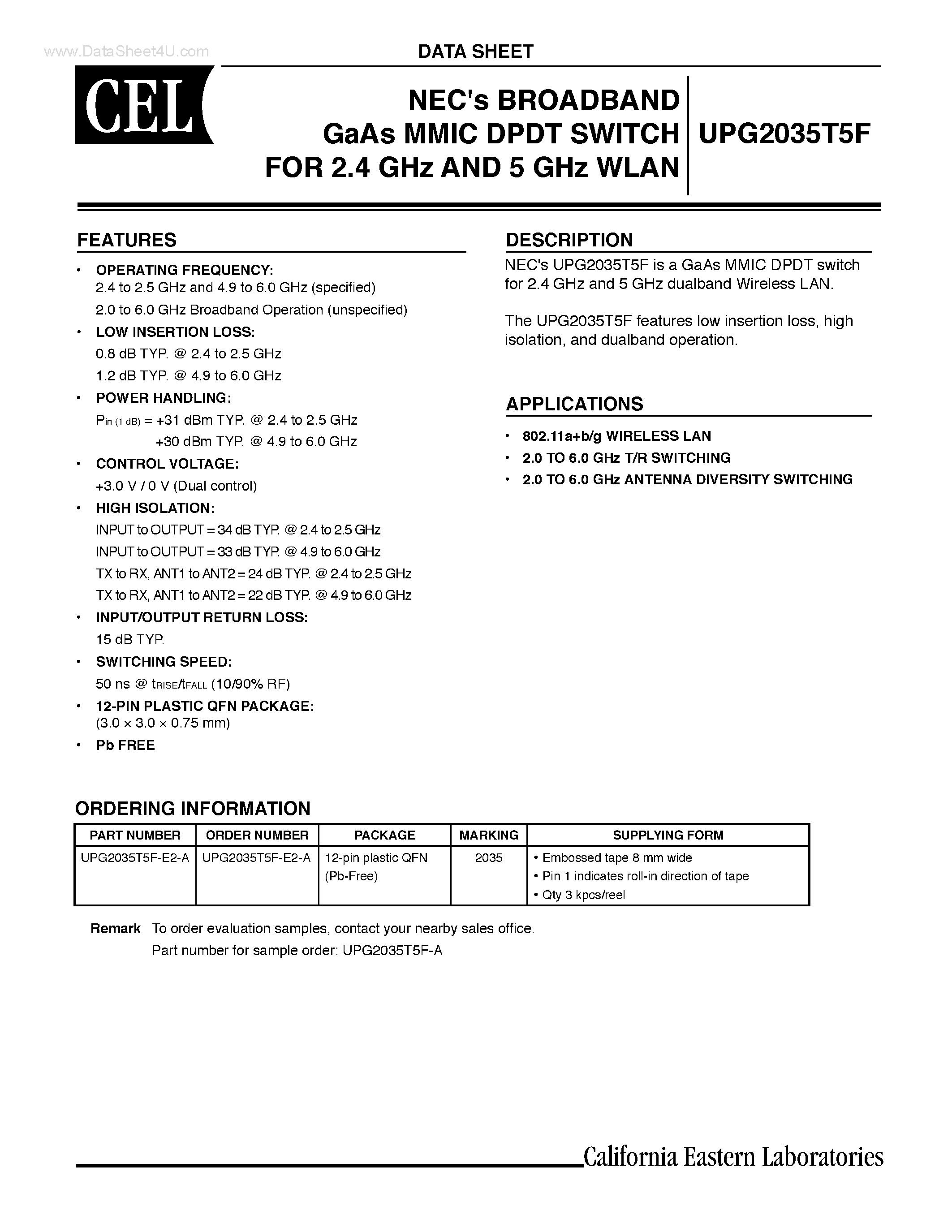 Datasheet UPG2035T5F page 1 Datasheet UPG2035T5F - BROADBAND GaAs MMIC DPDT SWITCH page 1