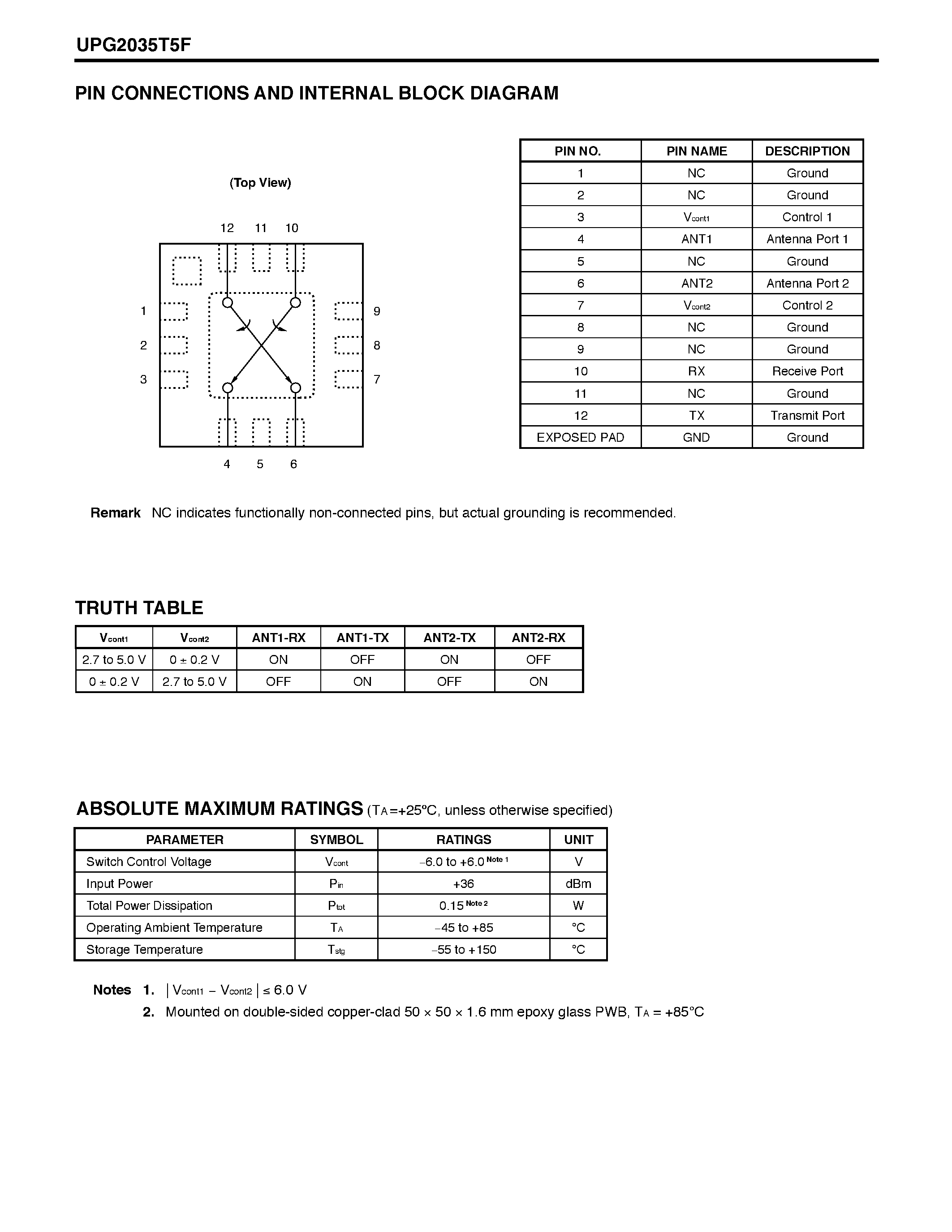 Datasheet UPG2035T5F page 2 Datasheet UPG2035T5F - BROADBAND GaAs MMIC DPDT SWITCH page 2