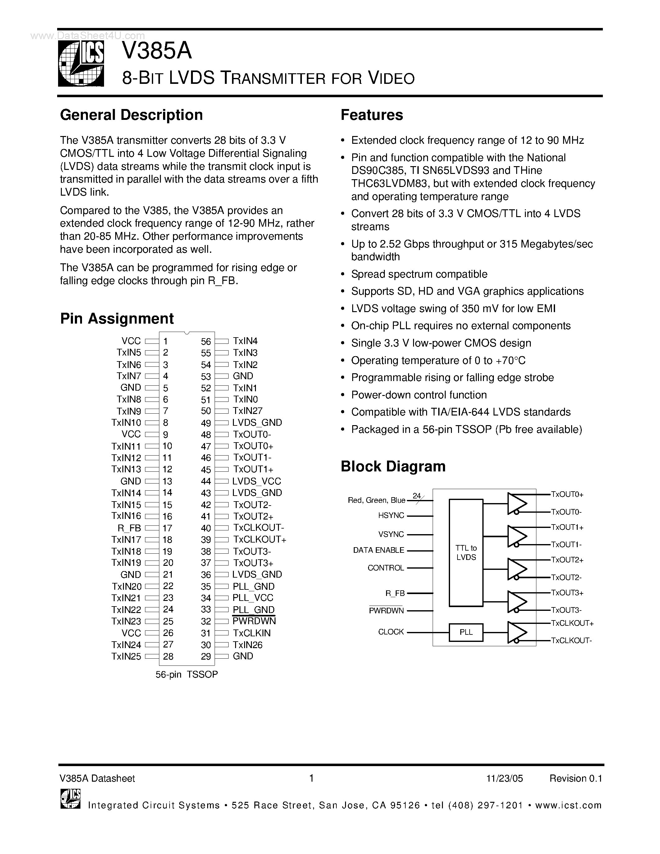 Datasheet V385A - 8-BIT LVDS TRANSMITTER page 1