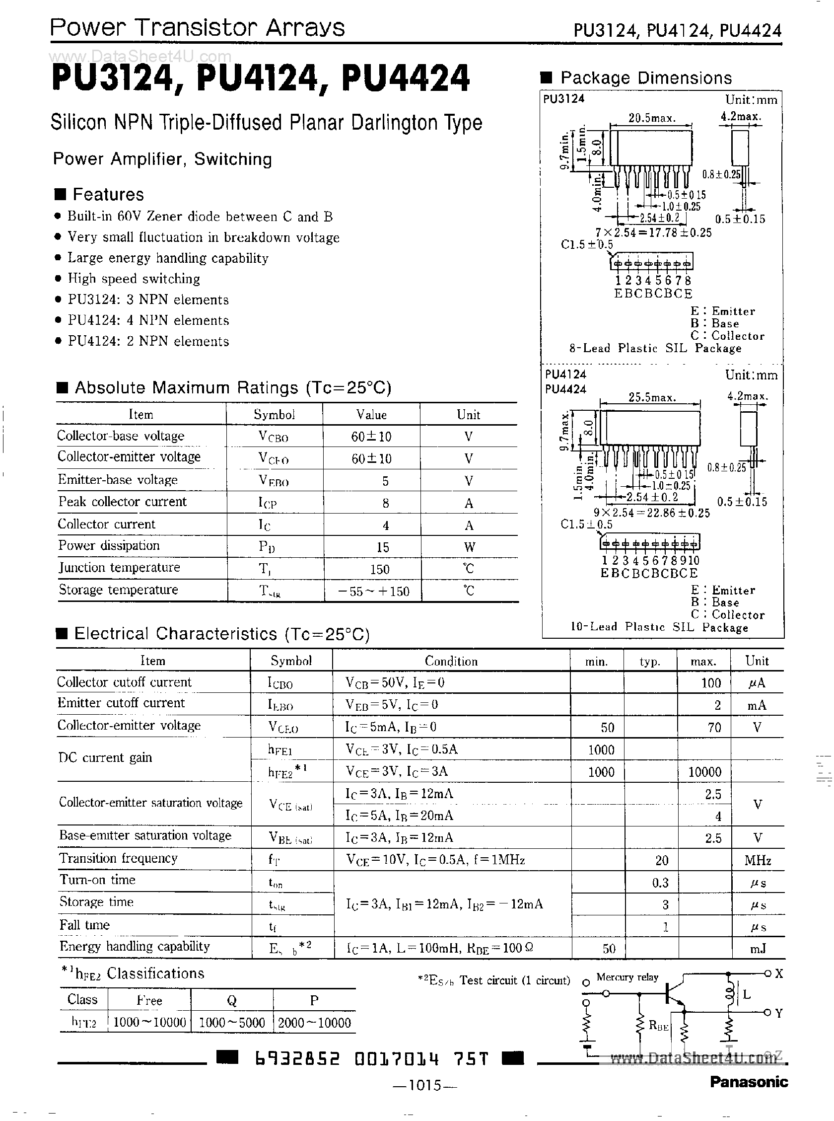 Datasheet PU3124 page 1 Datasheet PU3124 - SILICON NPN TRIPLE-DIFFUSED PLANAR DARLINGTON TYPE POWER AMPLIFIER SWITCHING page 1