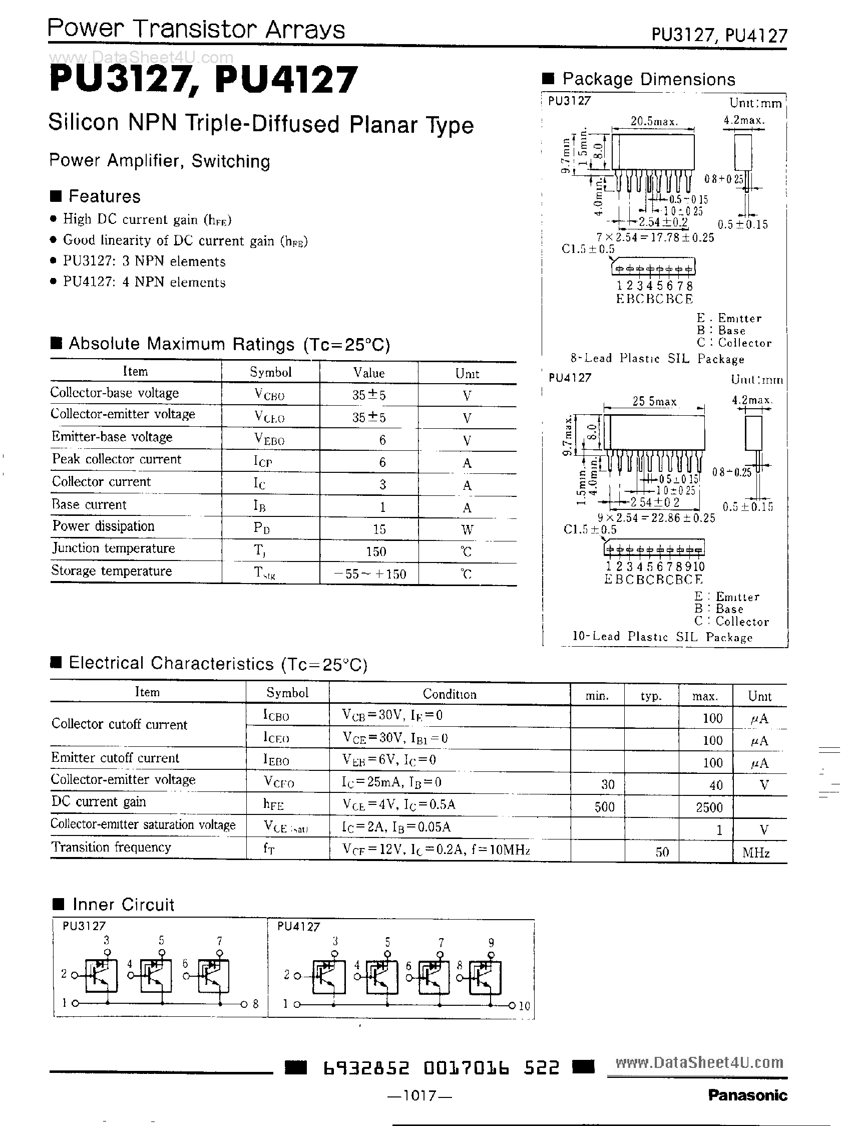 Datasheet PU4127 - SILICON NPN TRIPLE-DIFFUSED PLANAR DARLINGTON TYPE POWER AMPLIFIER SWITCHING page 1