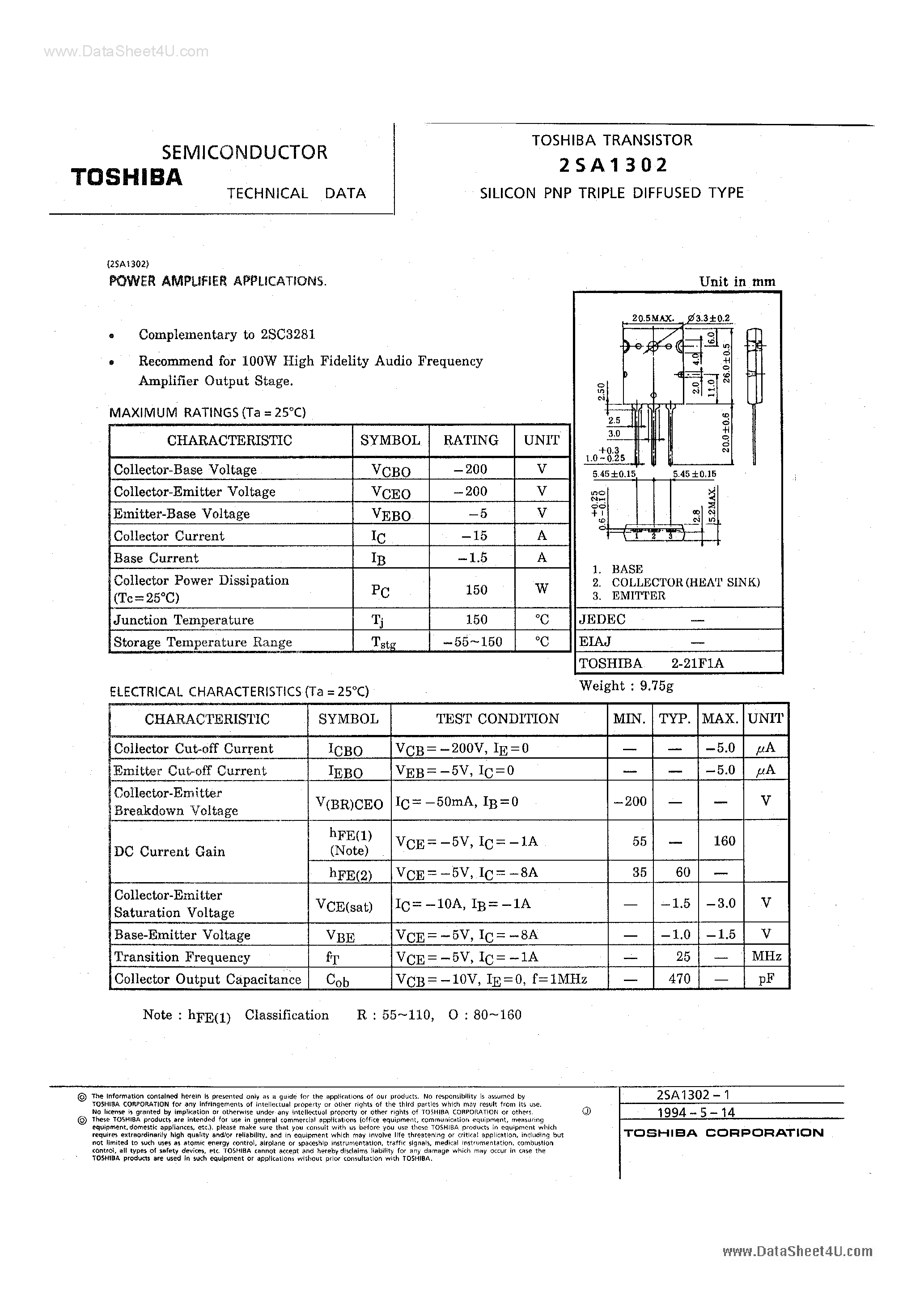 Datasheet 2SA1302 - Silicon PNP Triple Diffused Type Transistor page 1