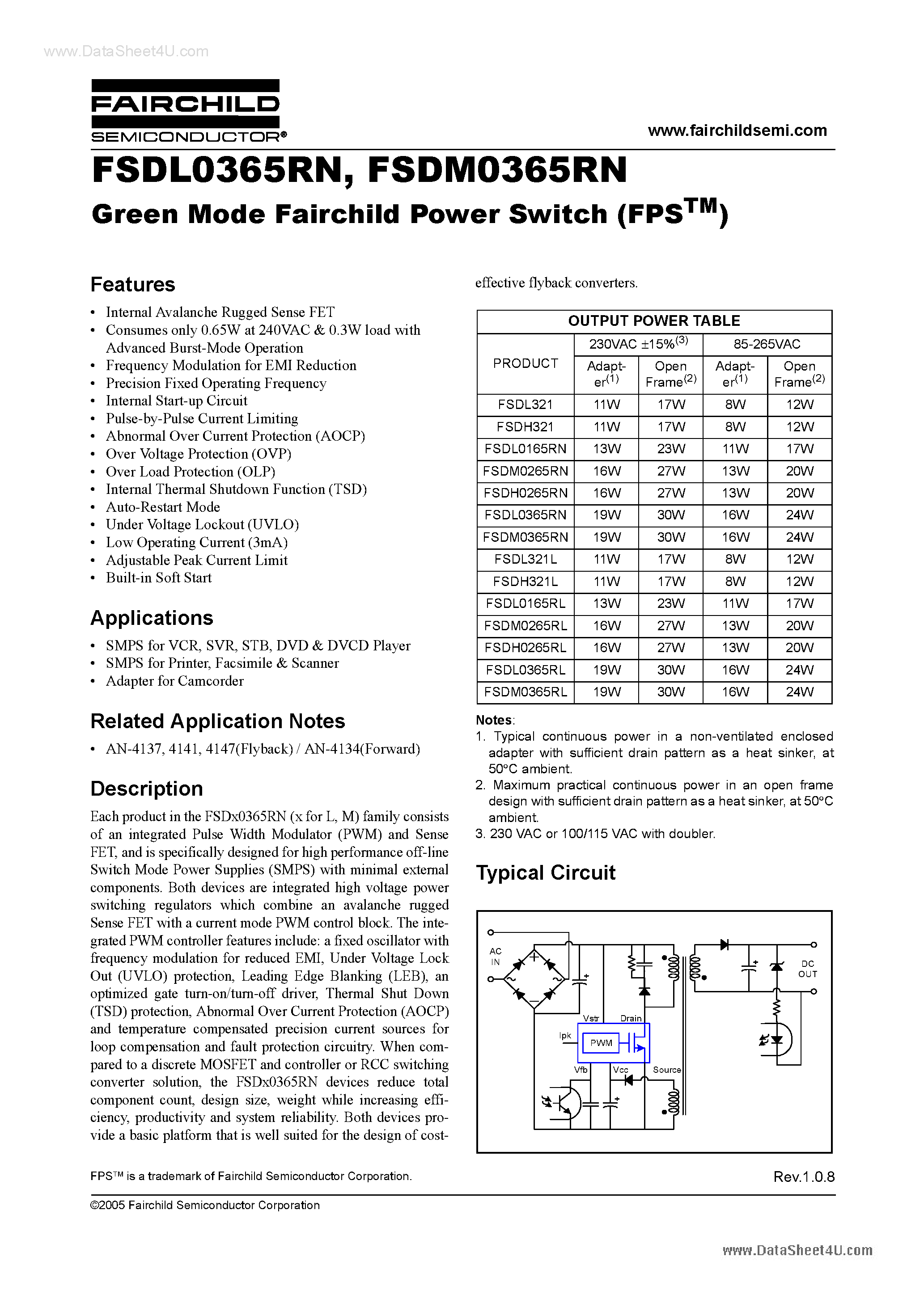 Даташит на микросхему FSDL0365RN страница 1 Даташит FSDL0365RN - Green Mode Fairchild Power Switch (FPSTM) страница 1