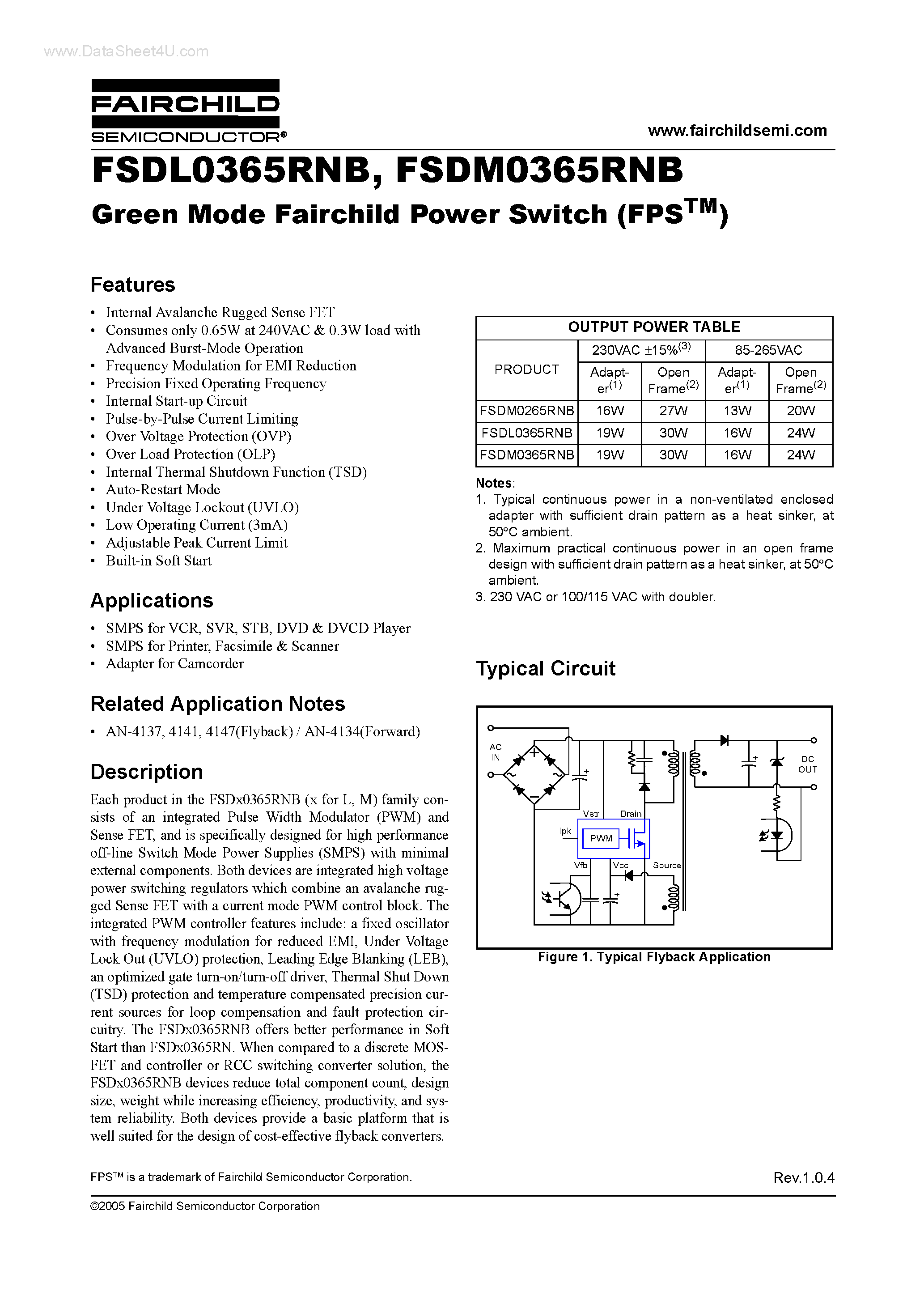 Даташит FSDL0365RNB - Green Mode Fairchild Power Switch страница 1