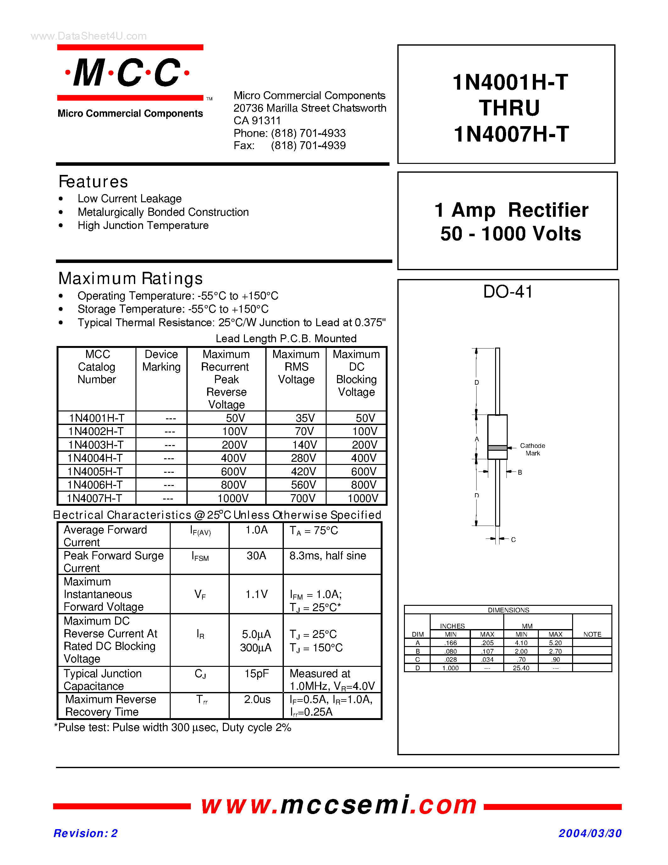 Datasheet 1N4001H-T - (1N4001H-T - 1N4007H-T) 1 Amp Rectifier page 1