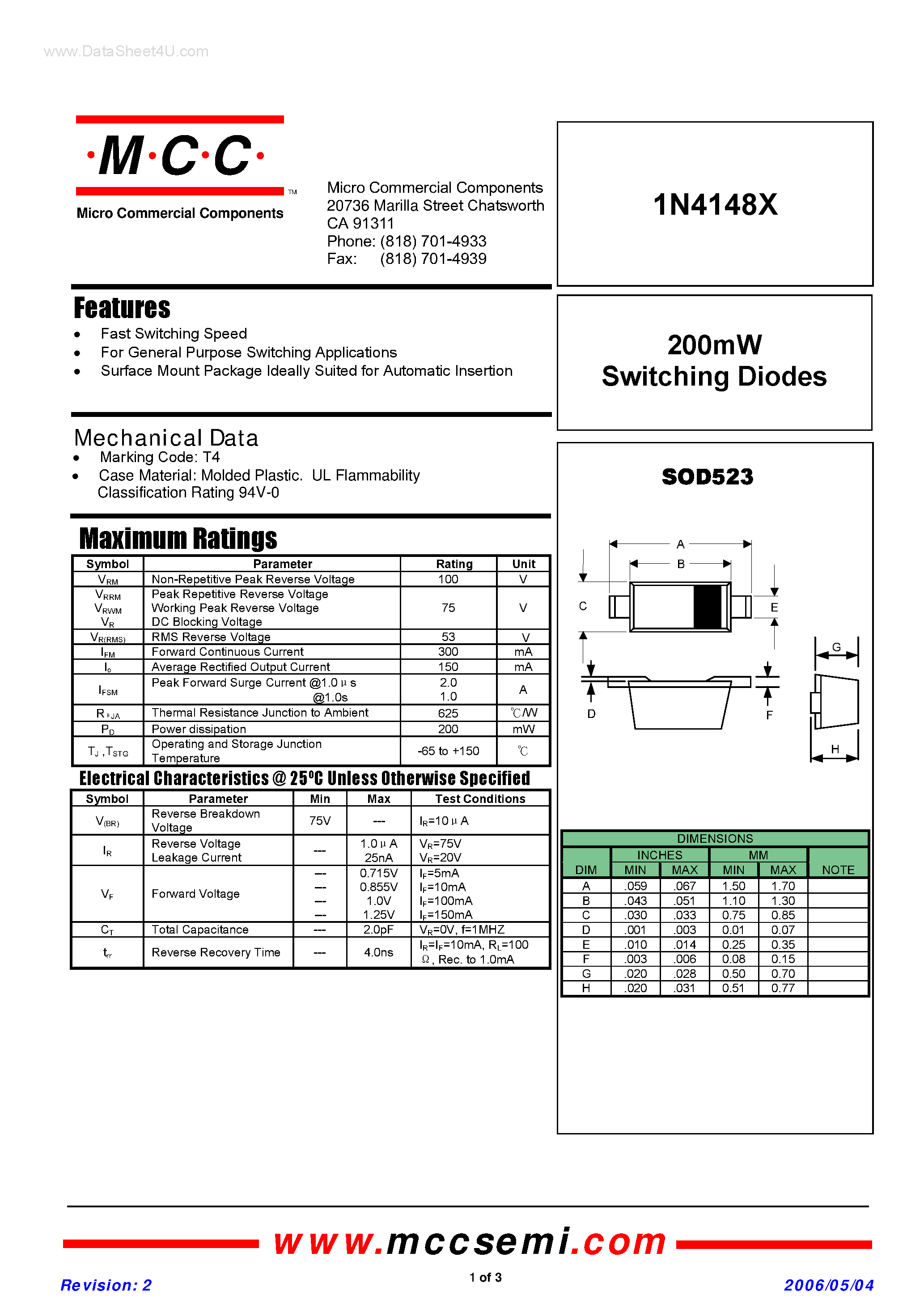 Datasheet 1N4148X - Switching Diodes page 1