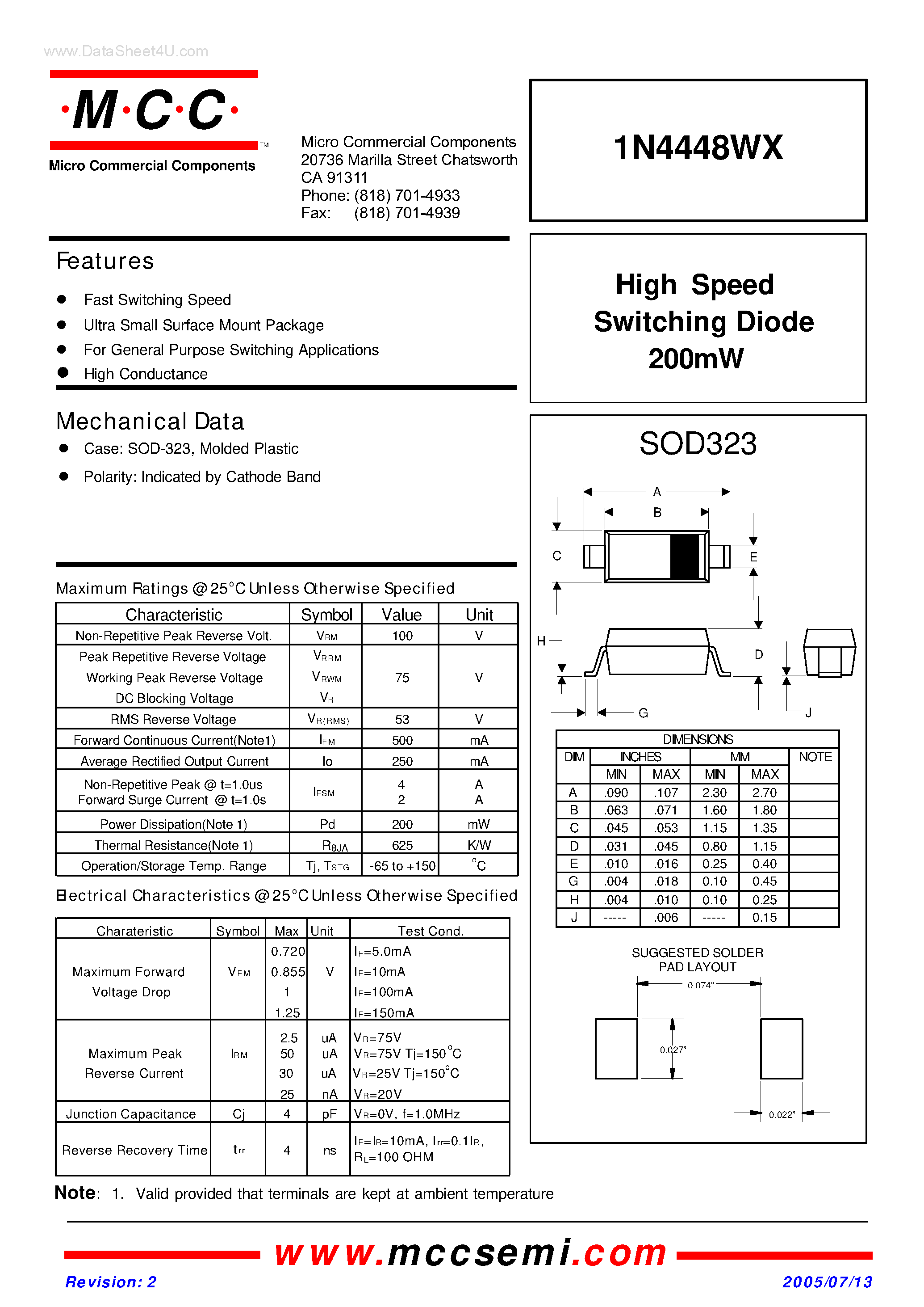 Datasheet 1N4448WX - High Speed Switching Diode page 1
